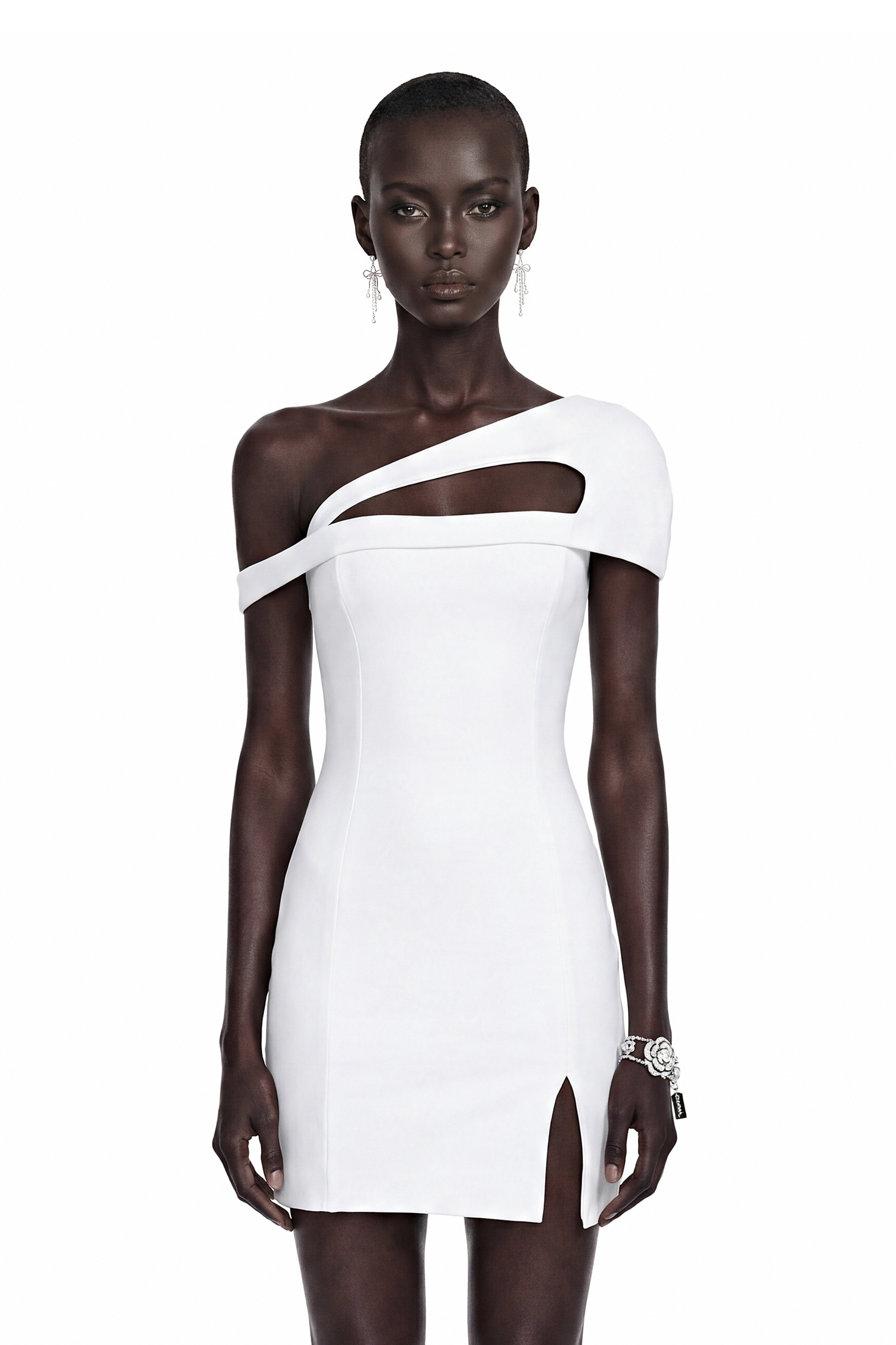Emma White One Shoulder Cut-Out Mini Dress with Slit