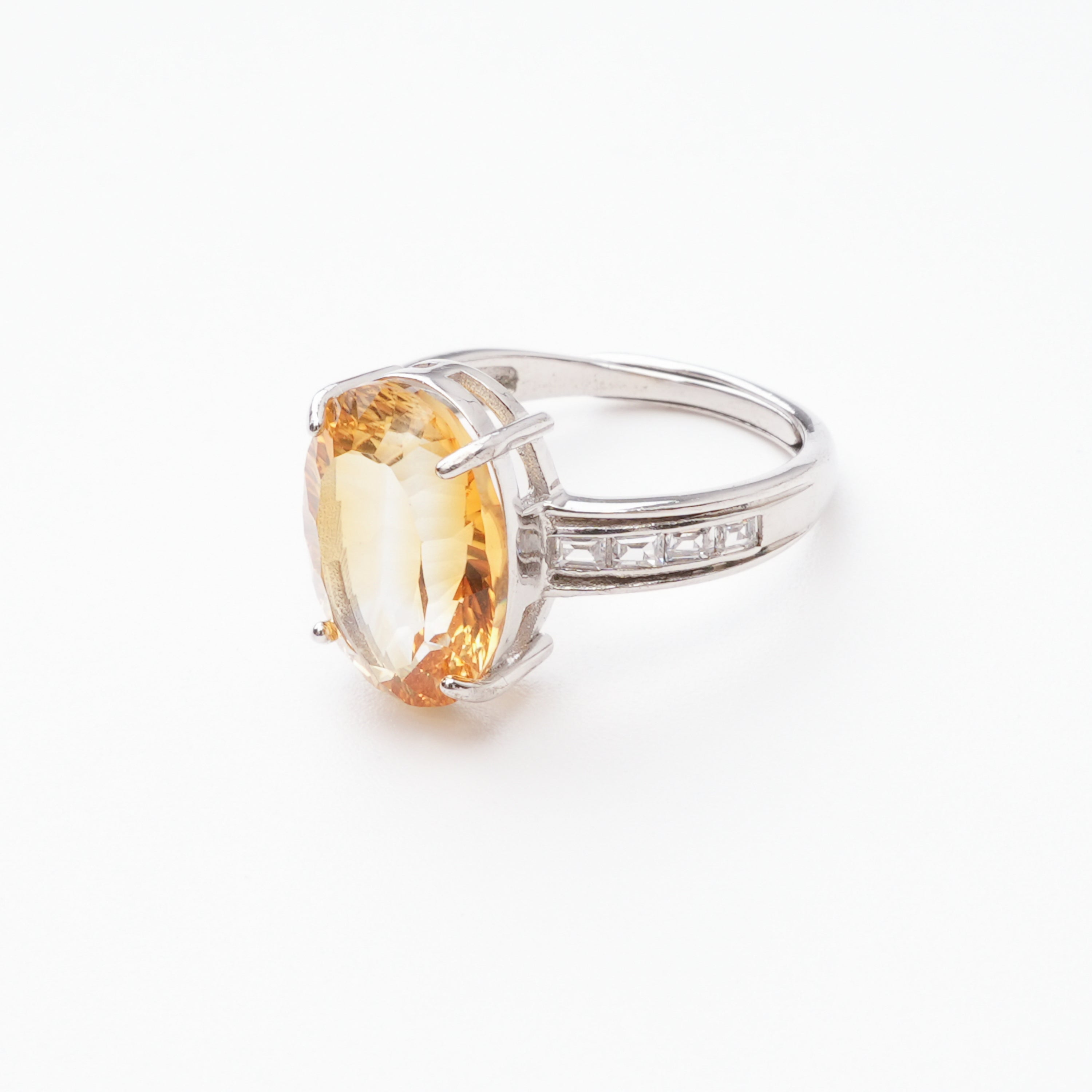 Esmeralda Yellow Citrine Oval Cut Baguette Crystal Sterling Silver Ring