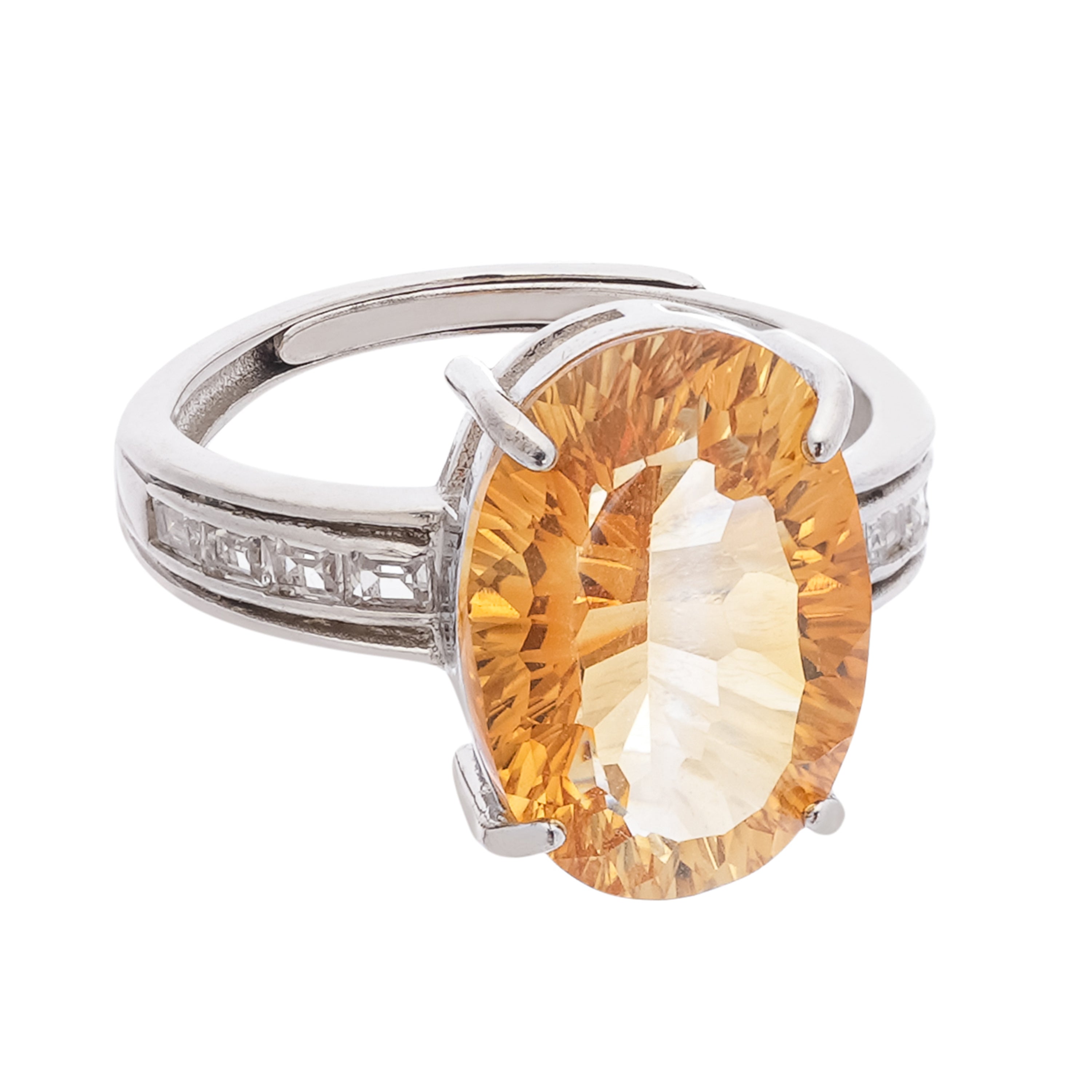Esmeralda Yellow Citrine Oval Cut Baguette Crystal Sterling Silver Ring
