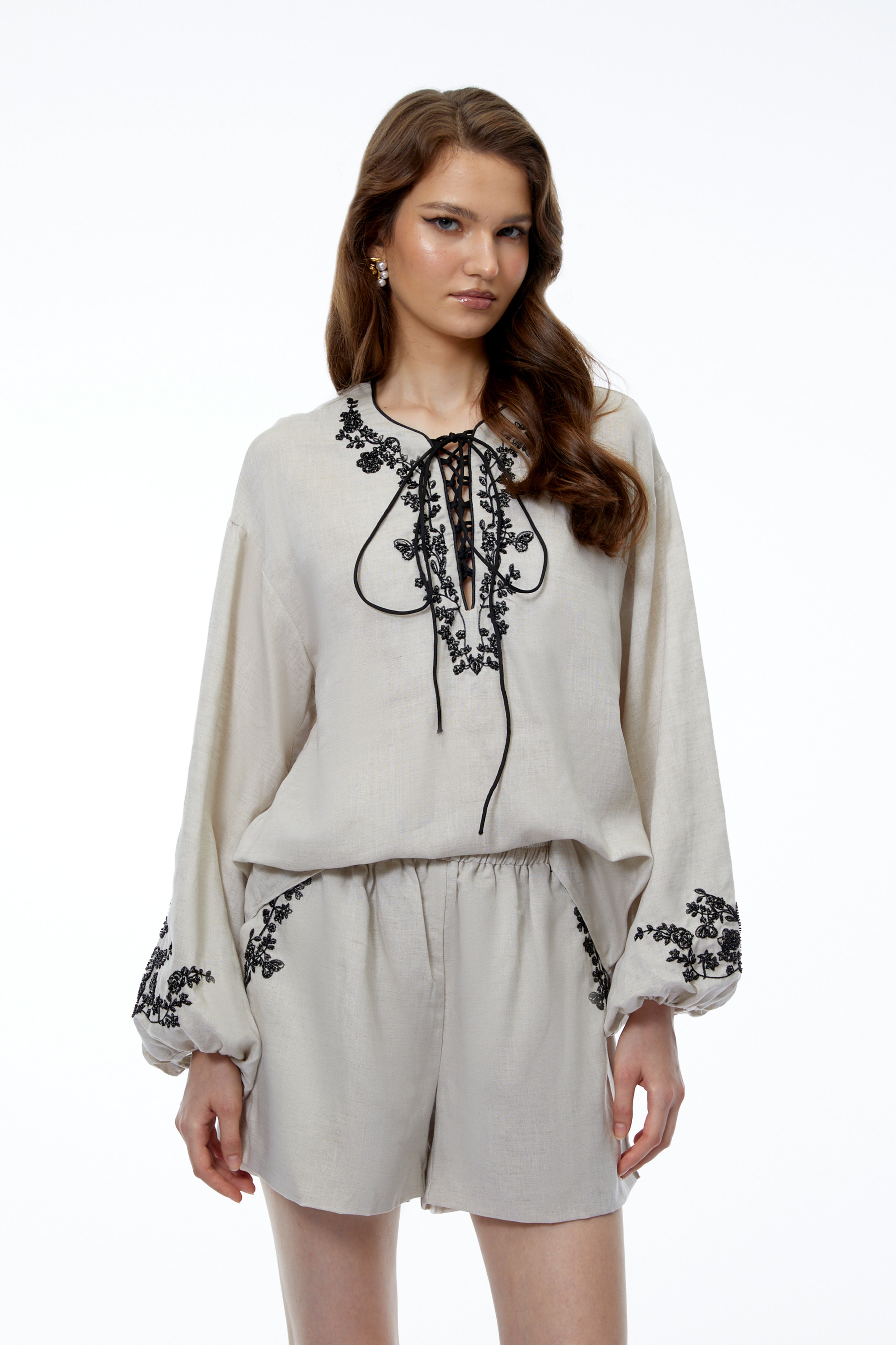Estelle Grey Linen Floral Applique Top & Shorts Set