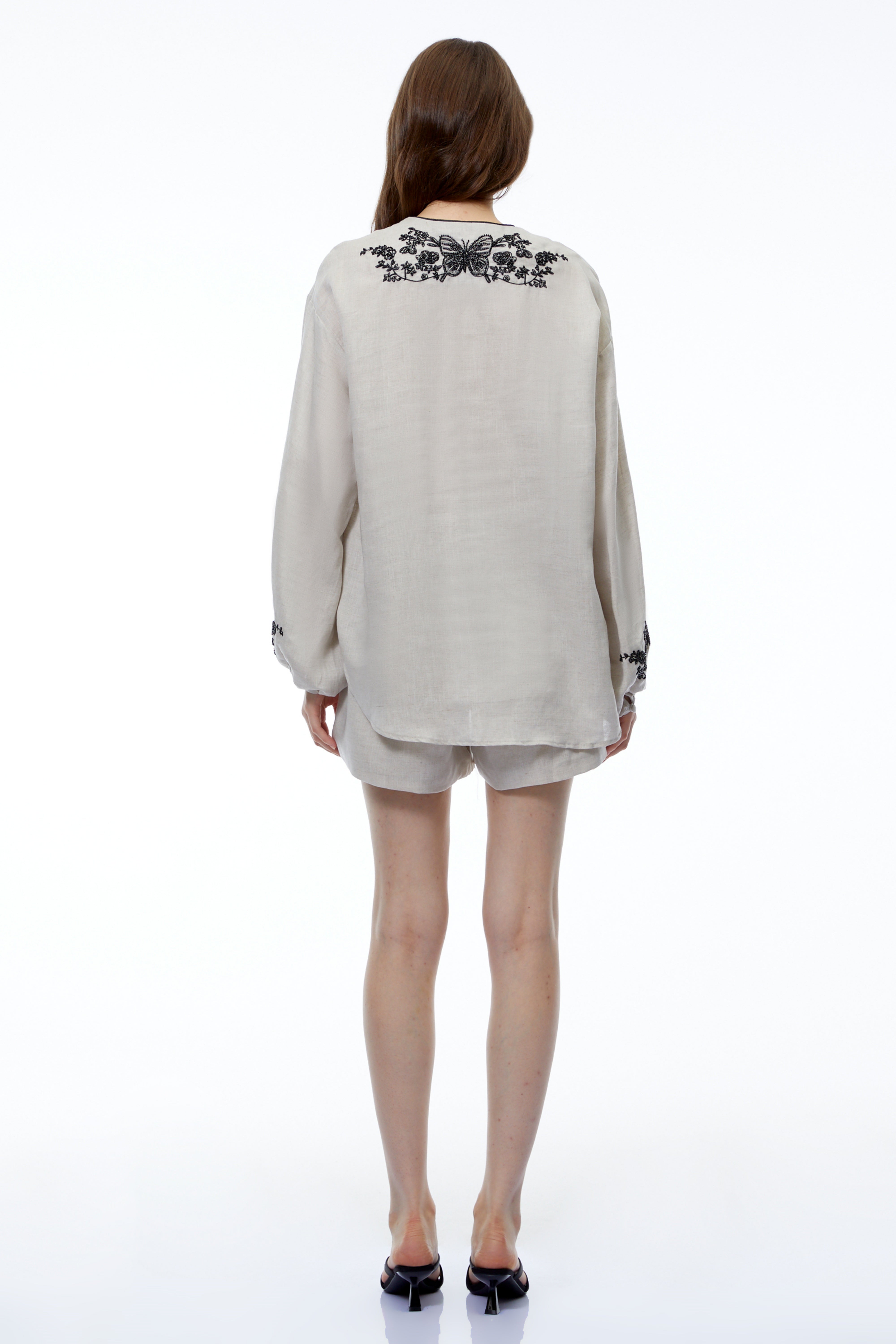 Estelle Grey Linen Floral Applique Top & Shorts Set