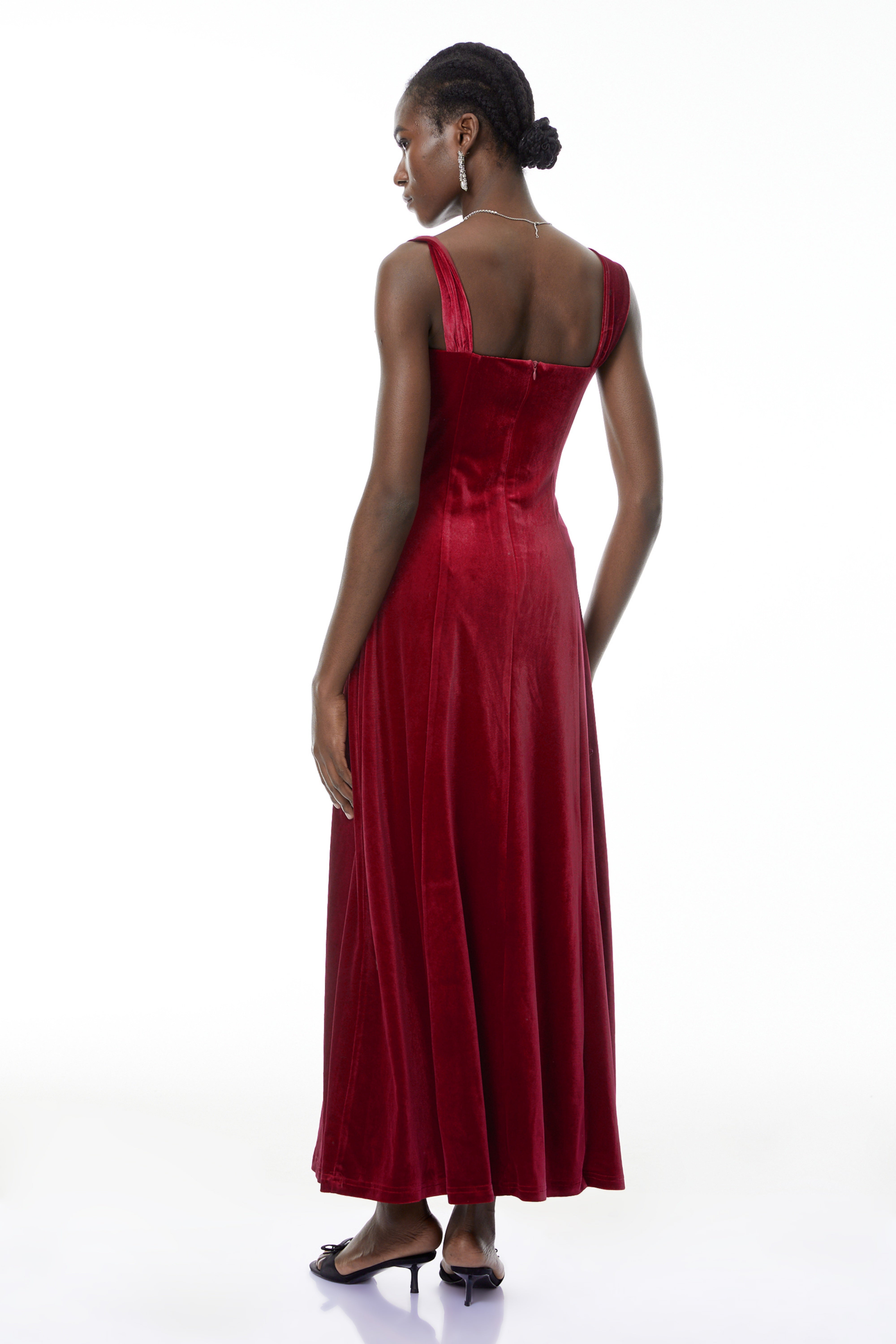 Eufrosina Red Velvet Maxi Dress with Crystals