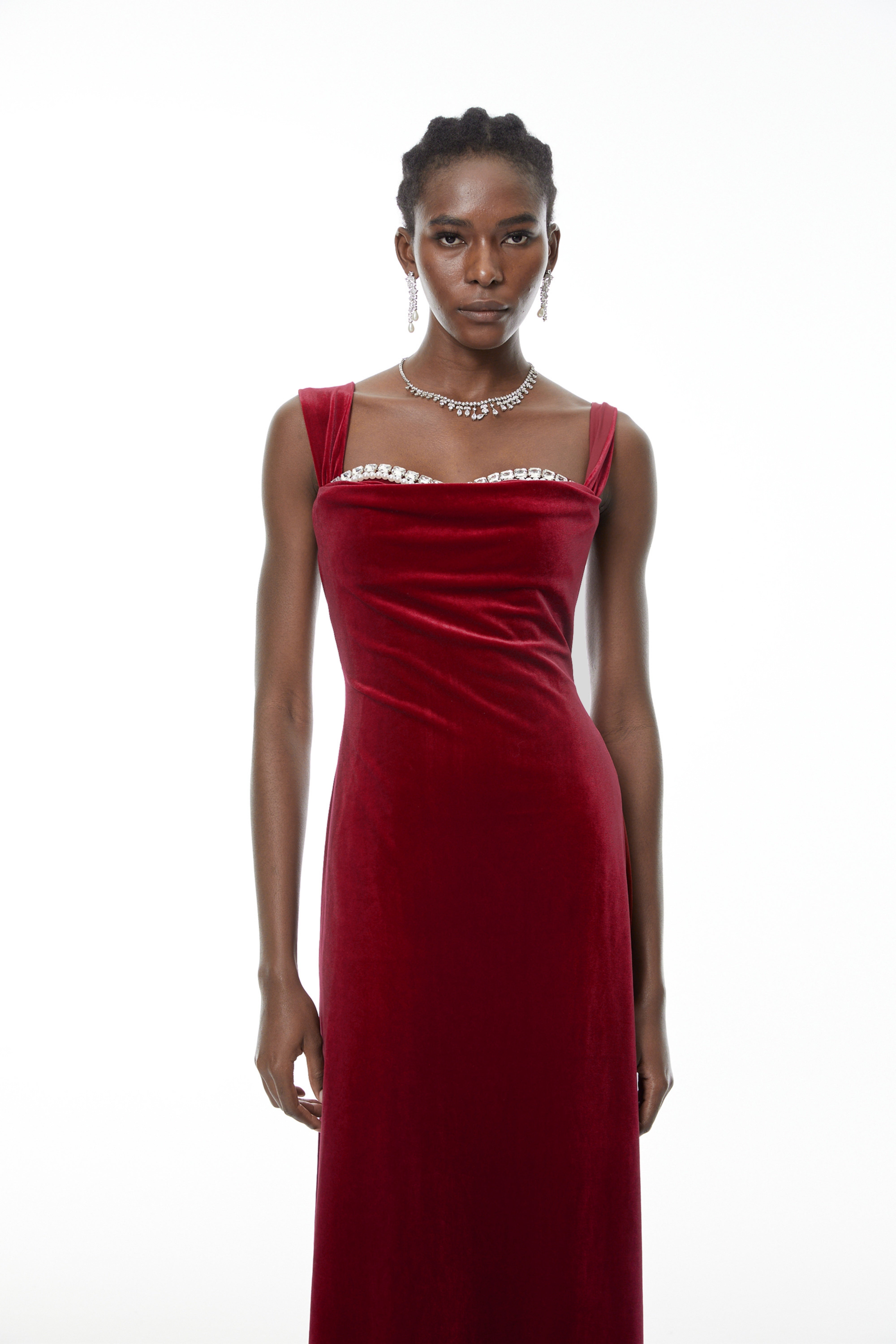 Eufrosina Red Velvet Maxi Dress with Crystals