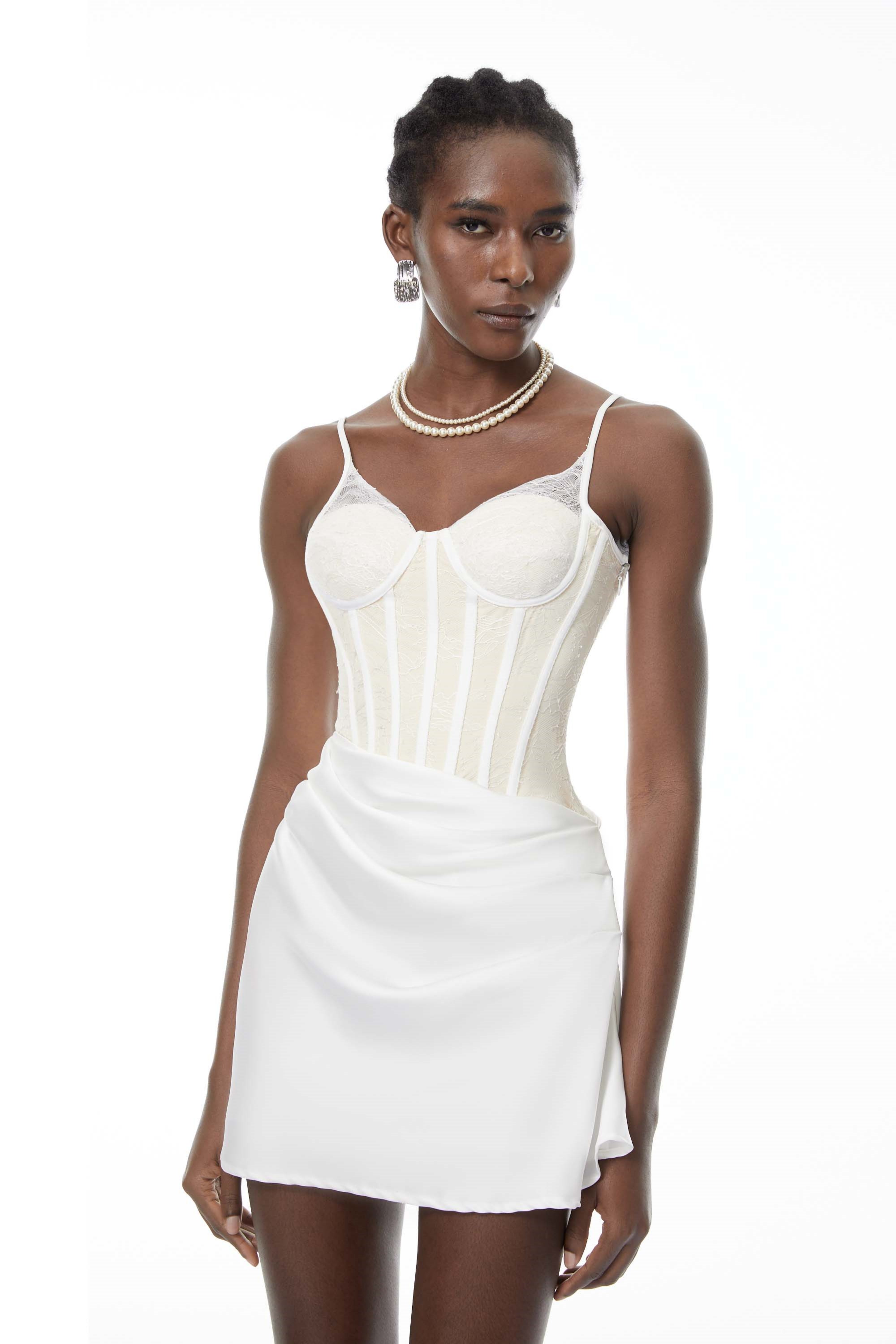 Eufrosina White Bodycon Mini Dress with Lace Panels