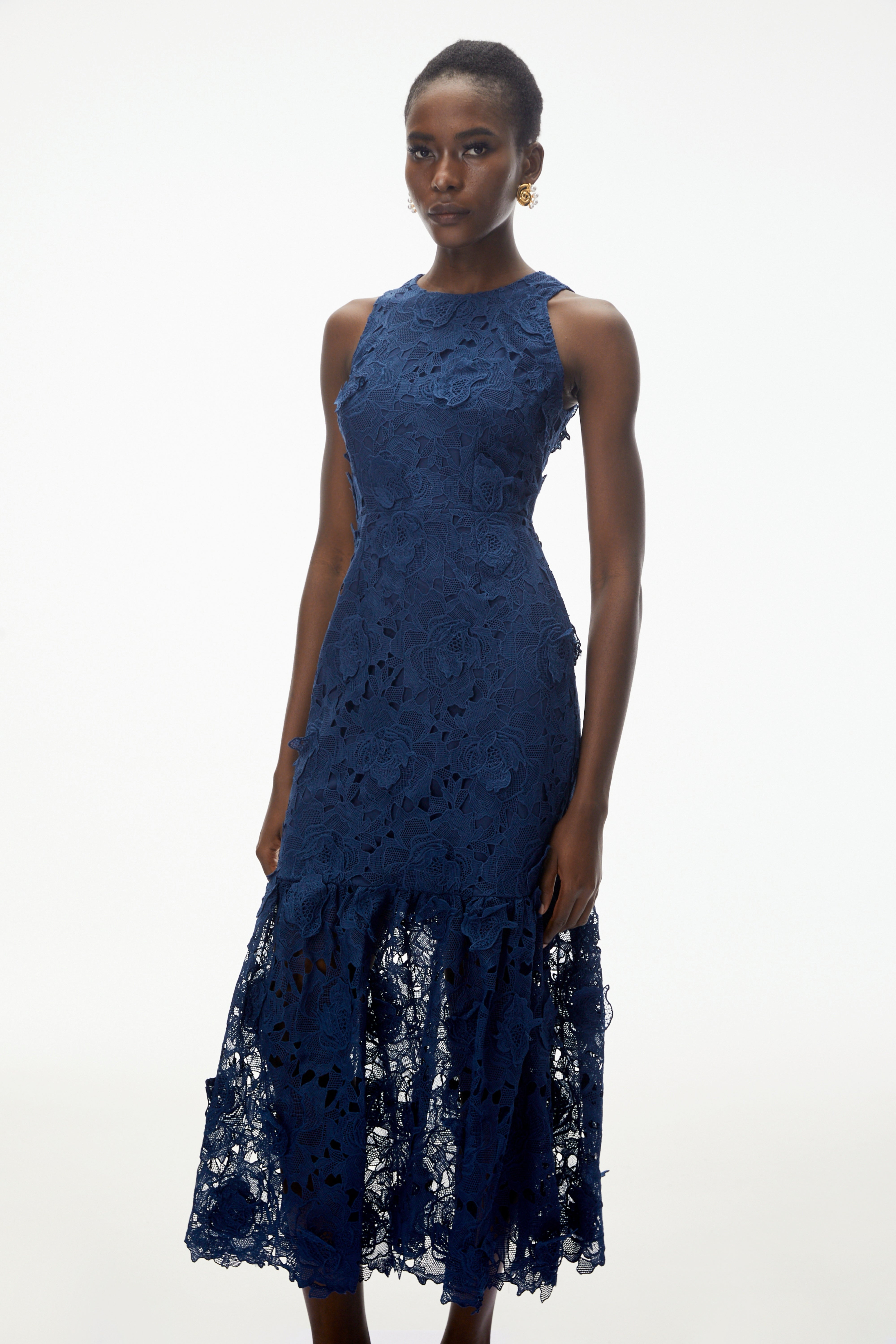 Briseis Blaues Midikleid mit 3D-Blumenmuster