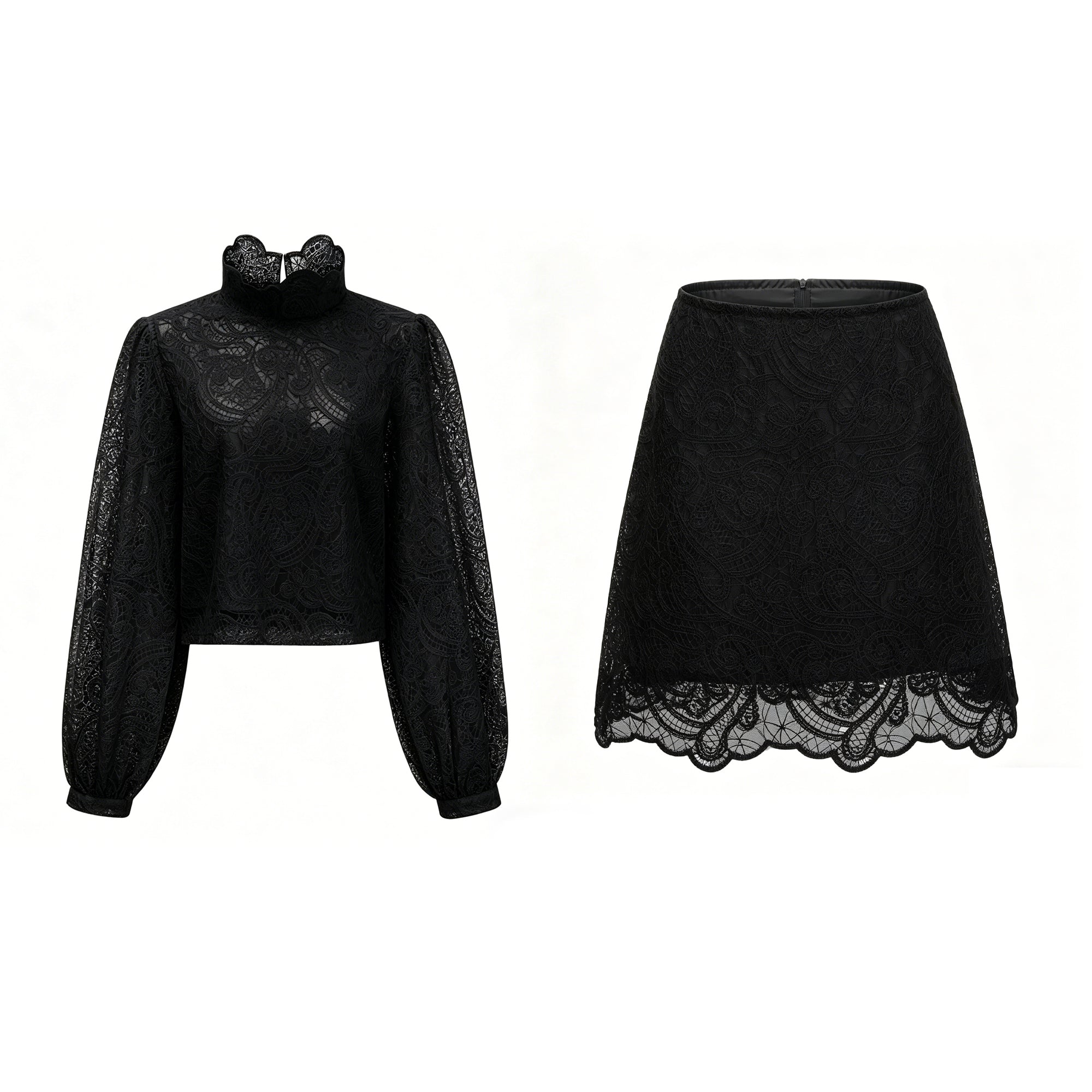 Ensemble chemisier et jupe en dentelle noire