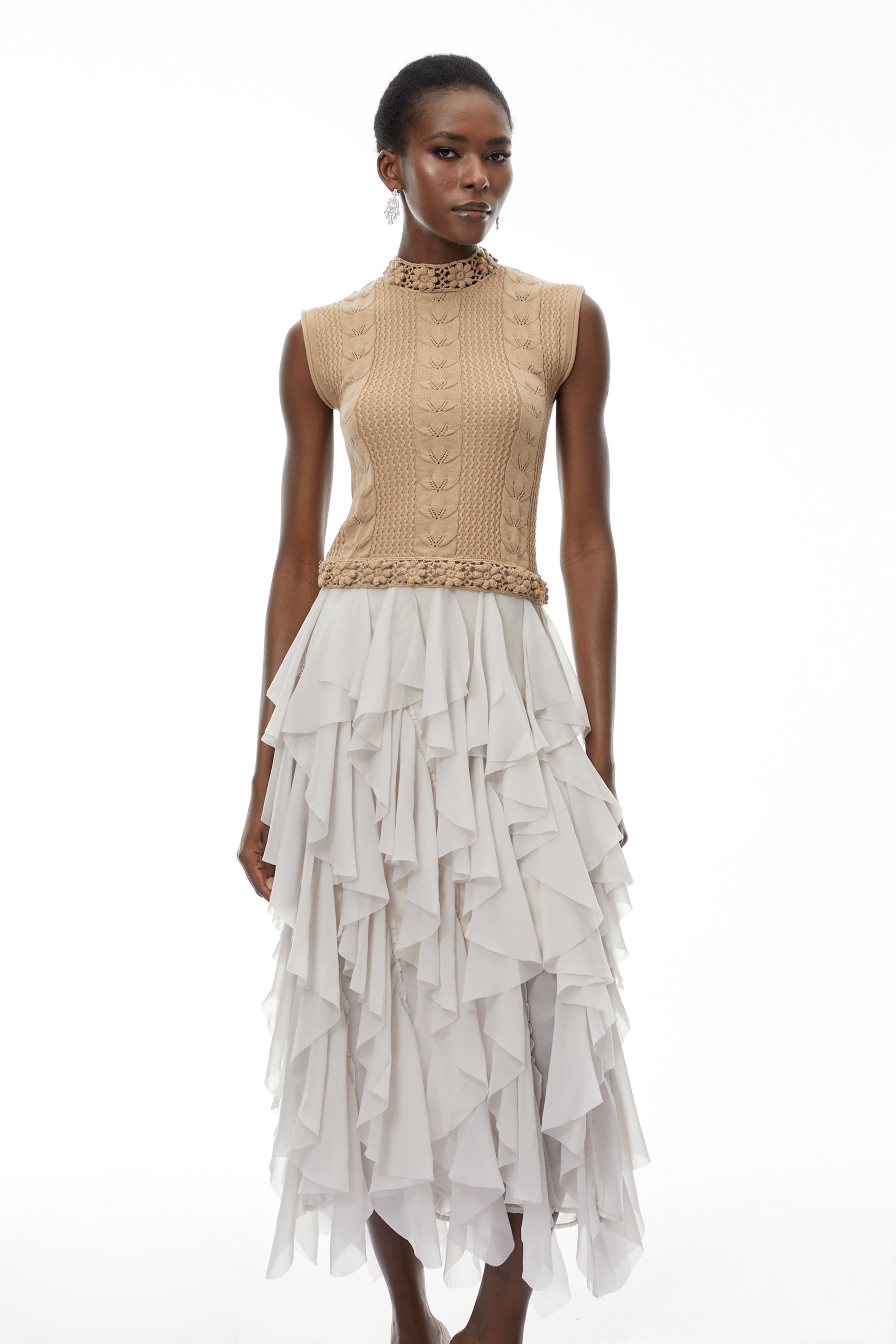 Evangeline Khaki Asymmetrical Ruffled Maxi Dress