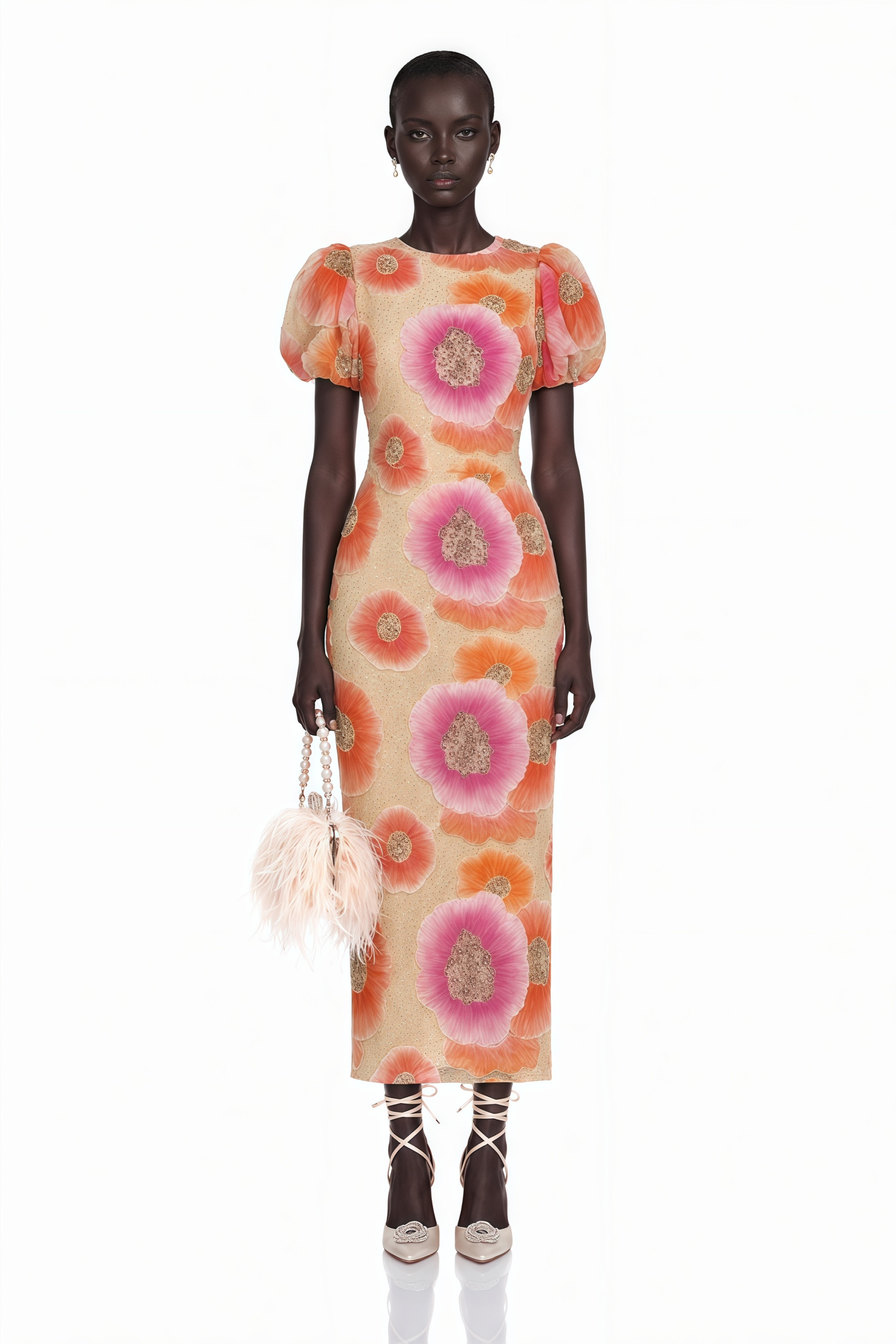 Evangeline Orange Floral Print Midi Dress with Sequins and Rhinestones