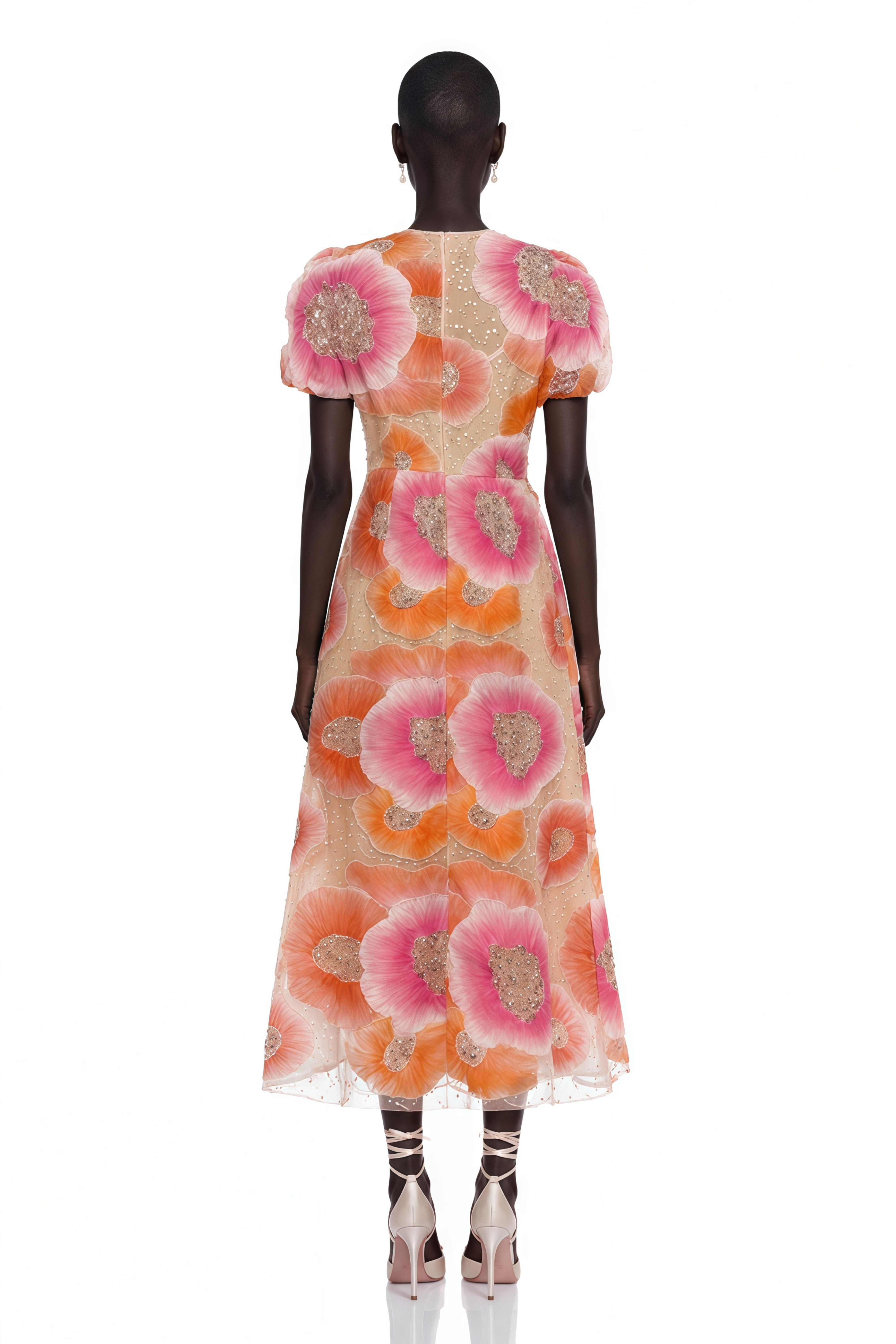 Evangeline Orange Floral Print Midi Dress with Sequins and Rhinestones