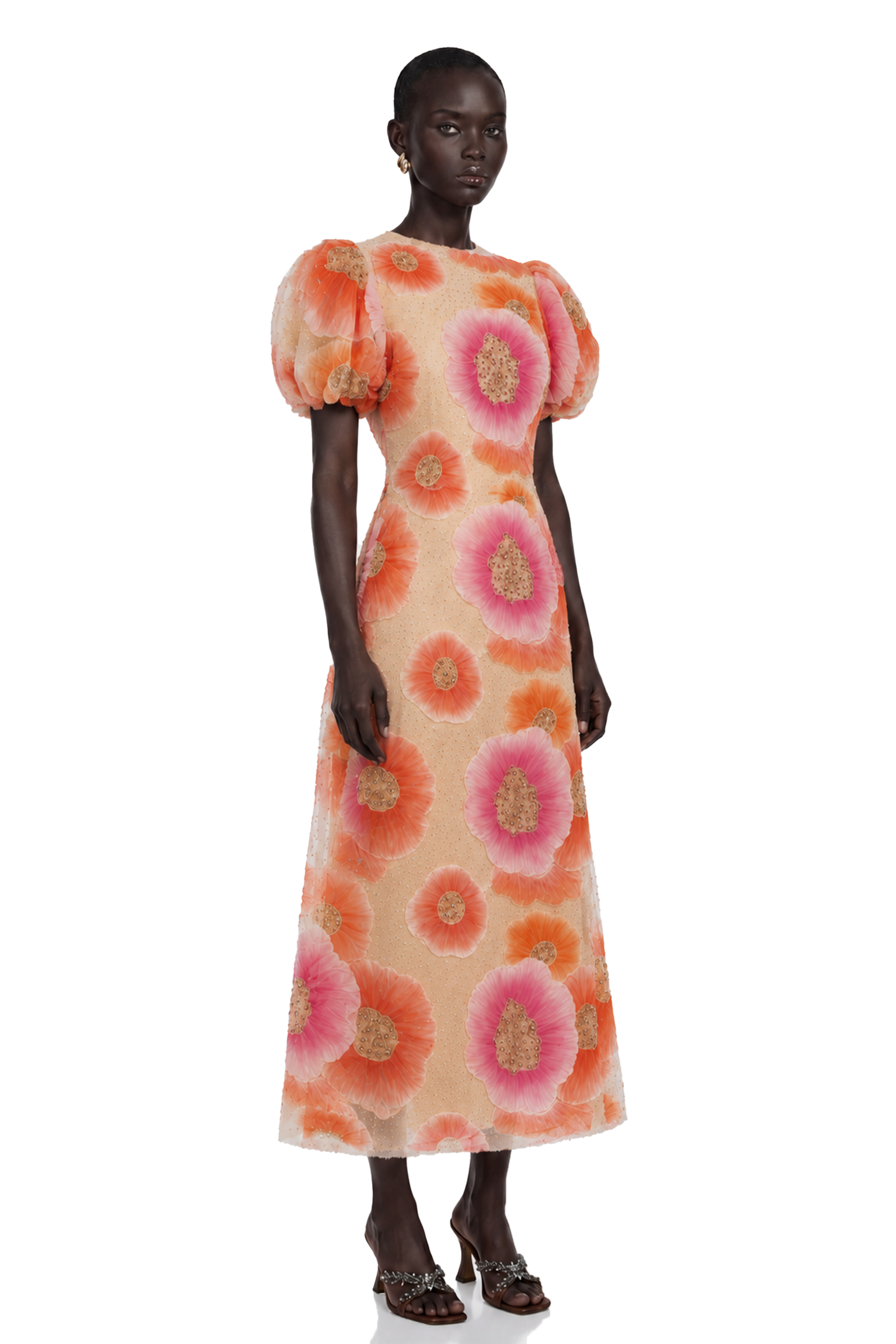 Beige puff-sleeve midi dress with large pink and orange floral prints