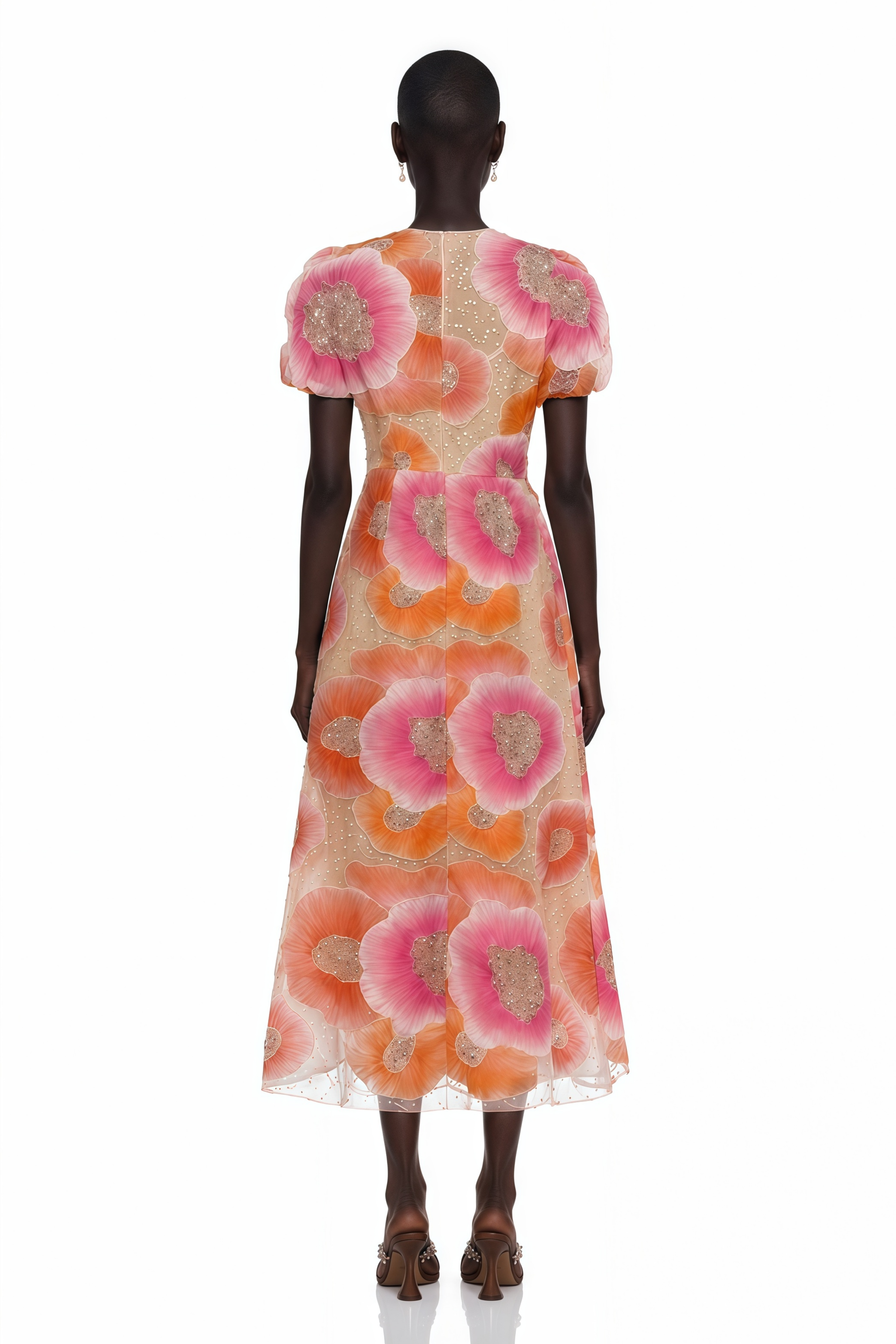 Beige puff-sleeve midi dress with large pink and orange floral prints