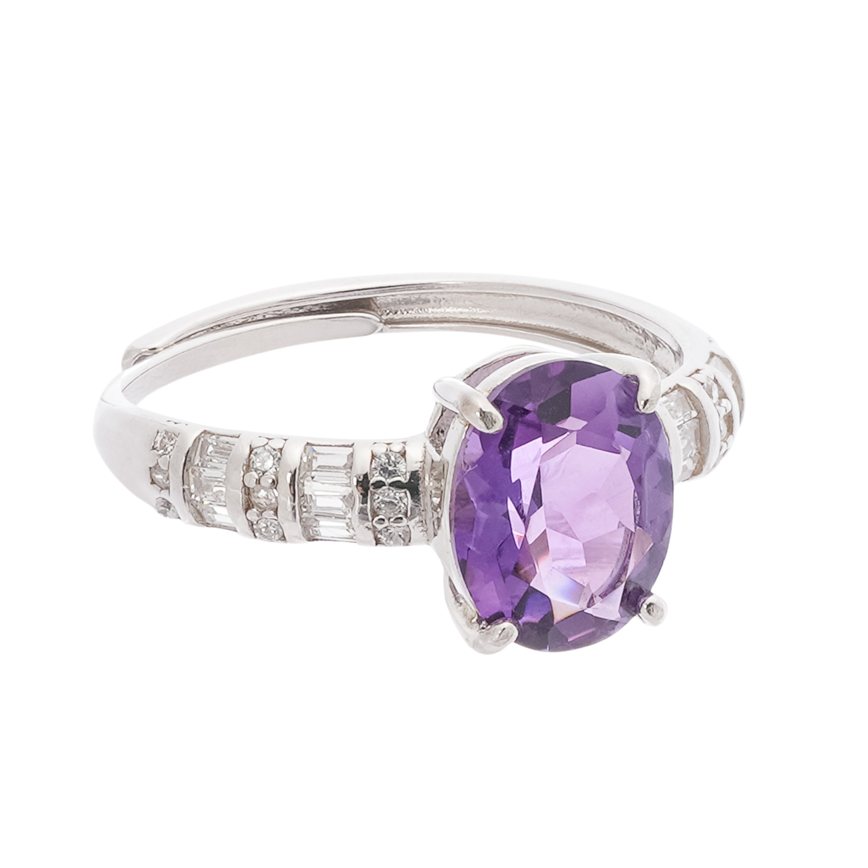Evelina Purple Amethyst Oval Cut Baguette Crystal Sterling Silver Ring