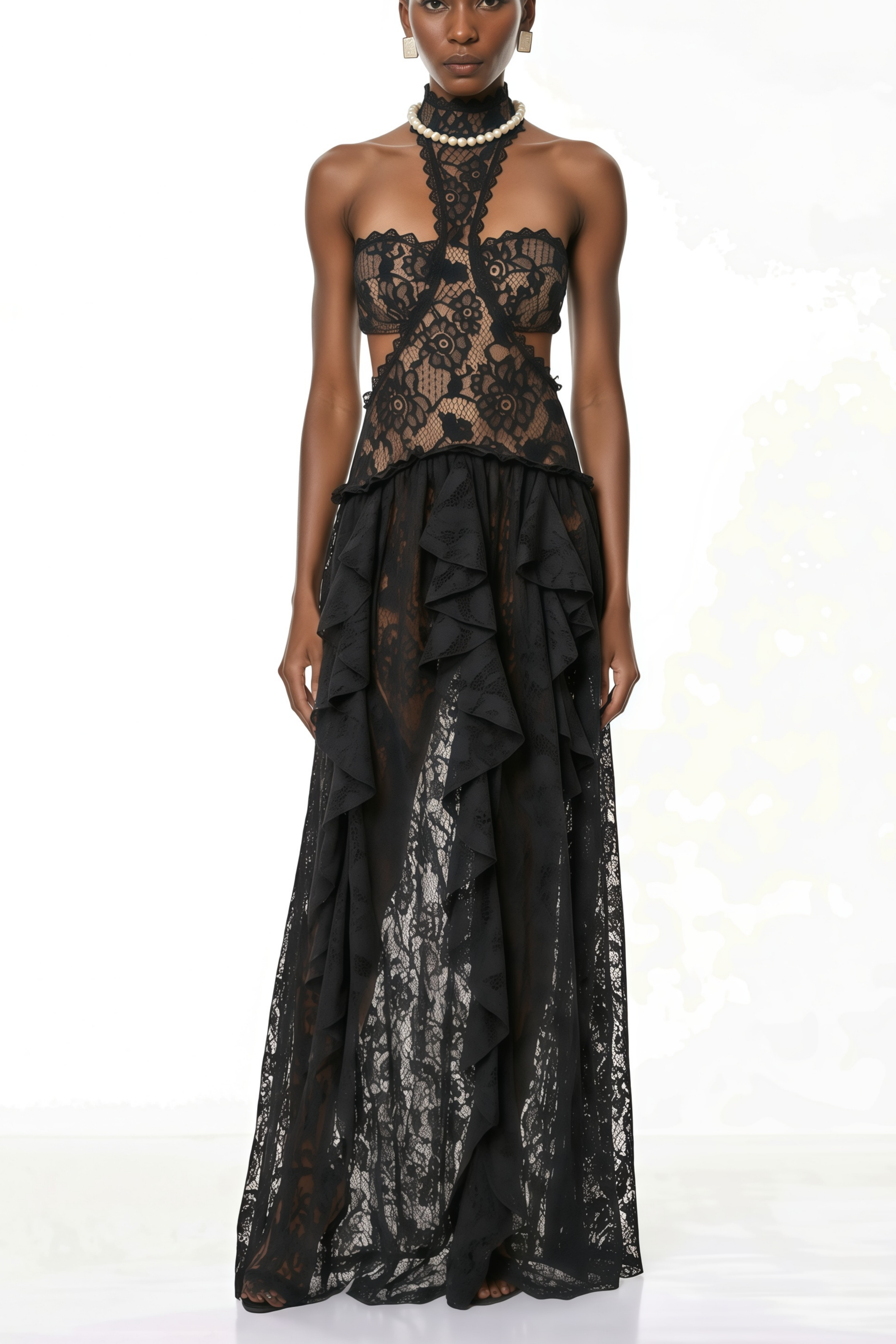 Evelyn – Schwarzes Maxikleid mit Neckholder und Spitze