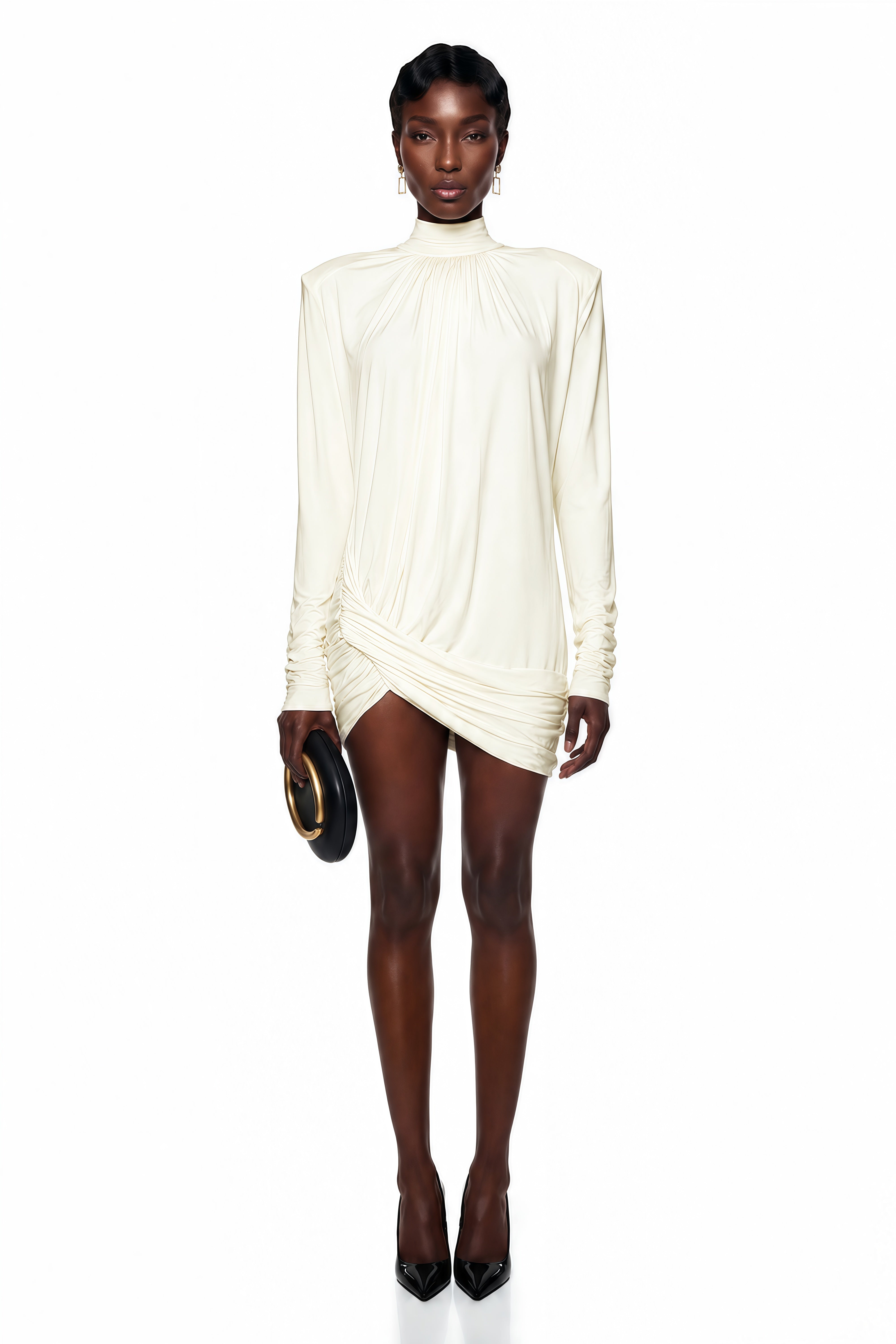 Mini-robe blanche à col montant et fronces « Fabiana »