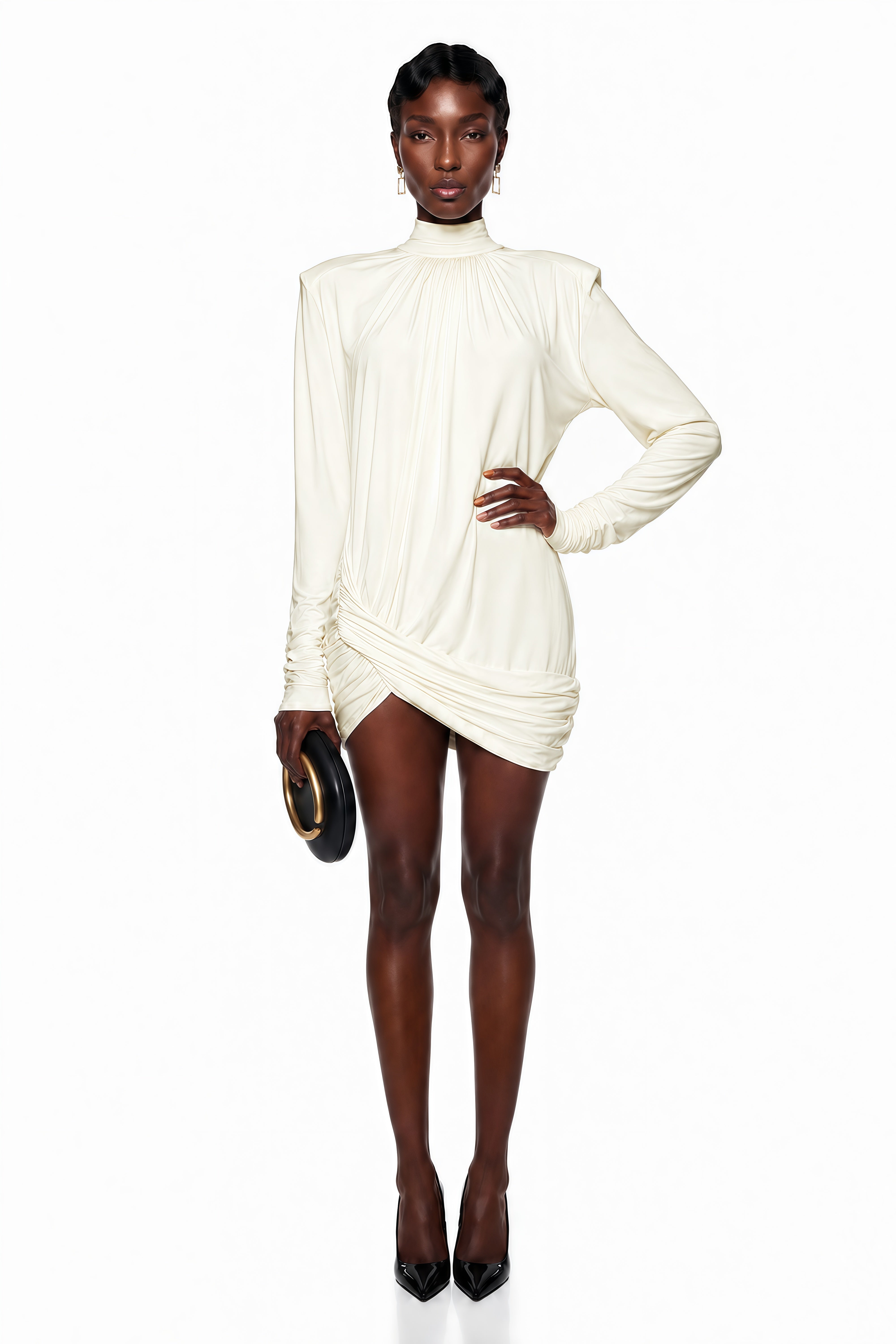 Mini-robe blanche à col montant et fronces « Fabiana »
