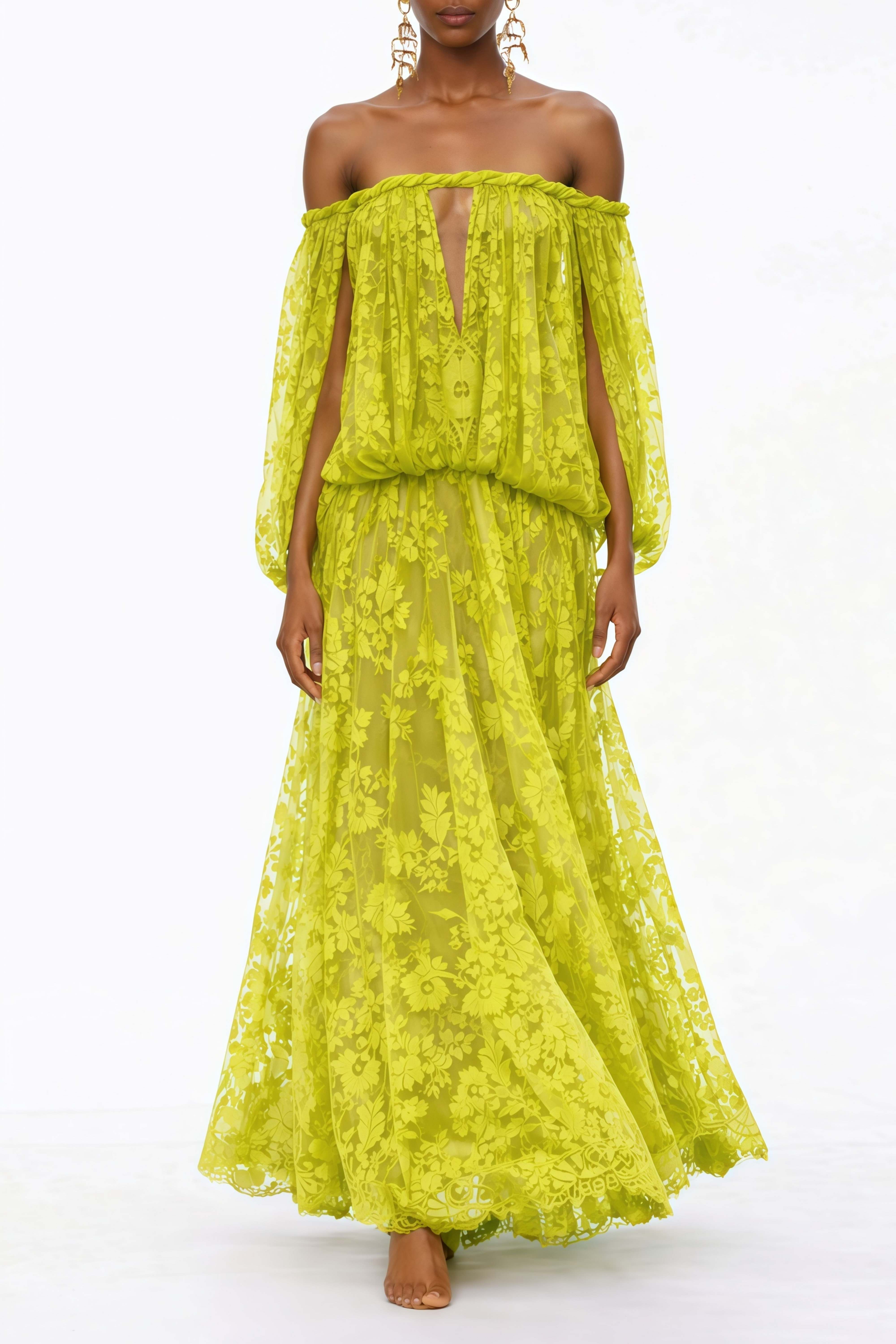 Fabienne Grünes Maxikleid mit Blumenapplikation