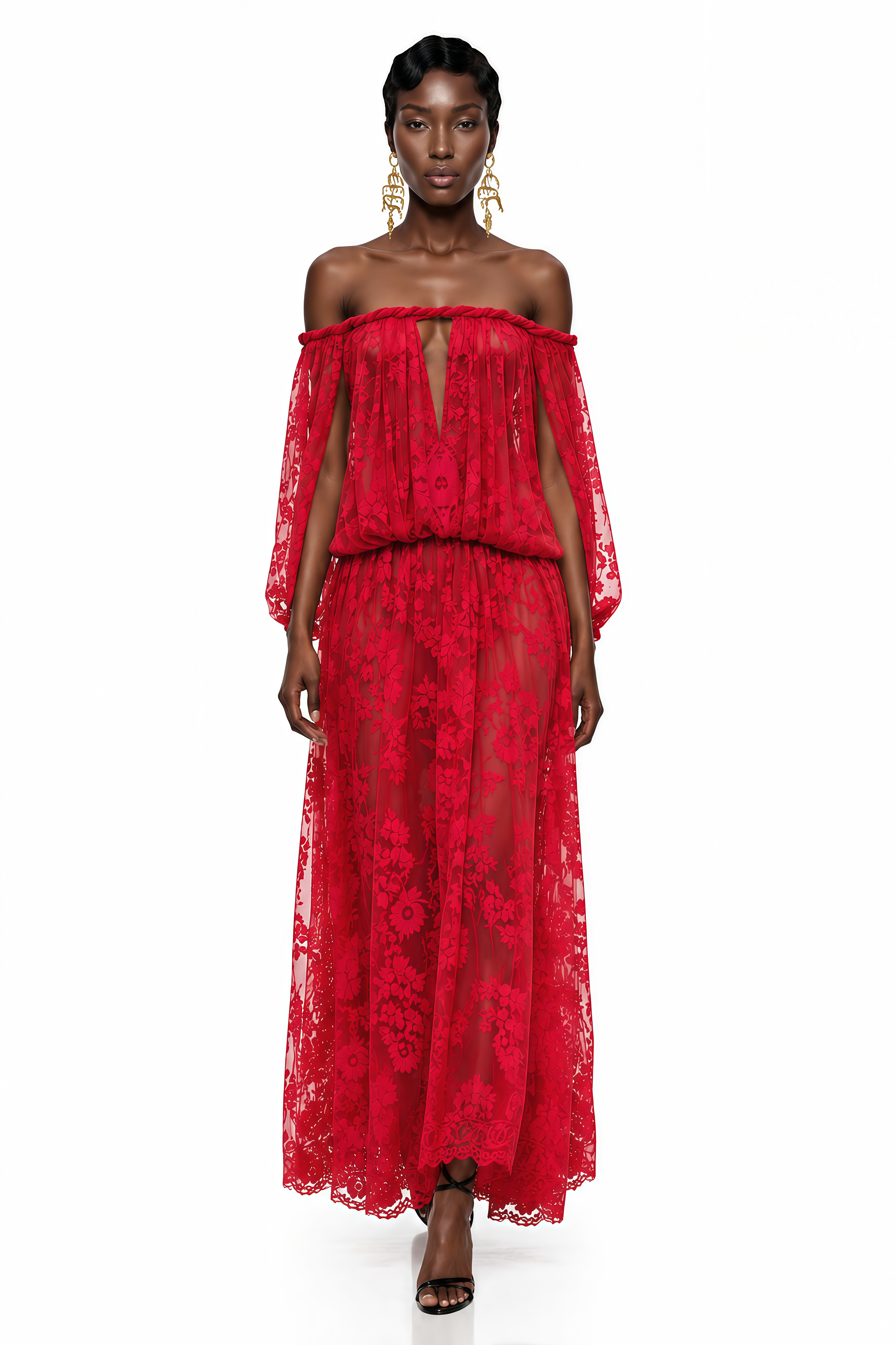 Fabienne Red Floral Appliqué Maxi Dress (Final Sale-US Only)