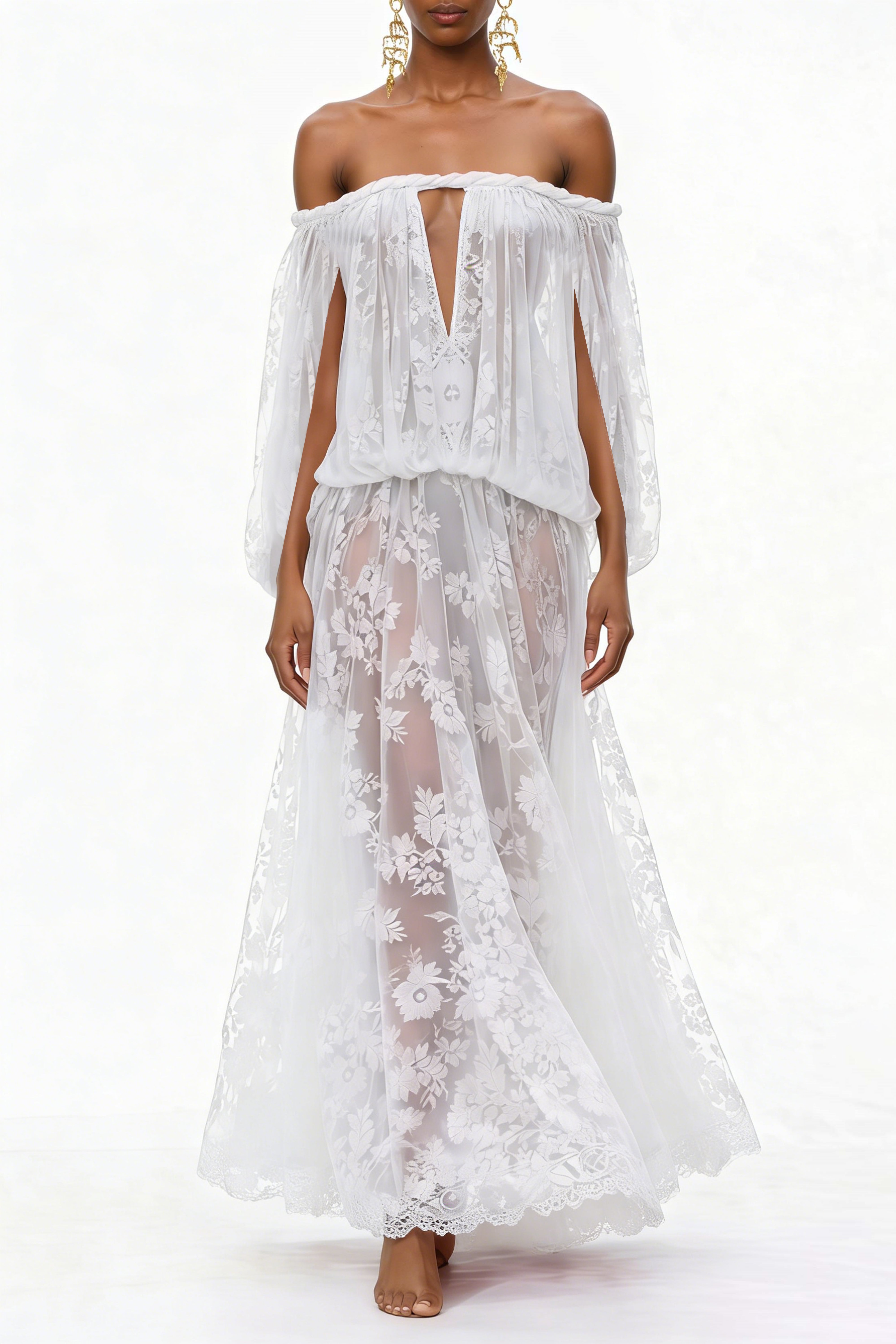 Fabienne – Weißes Maxikleid mit Blumenapplikationen