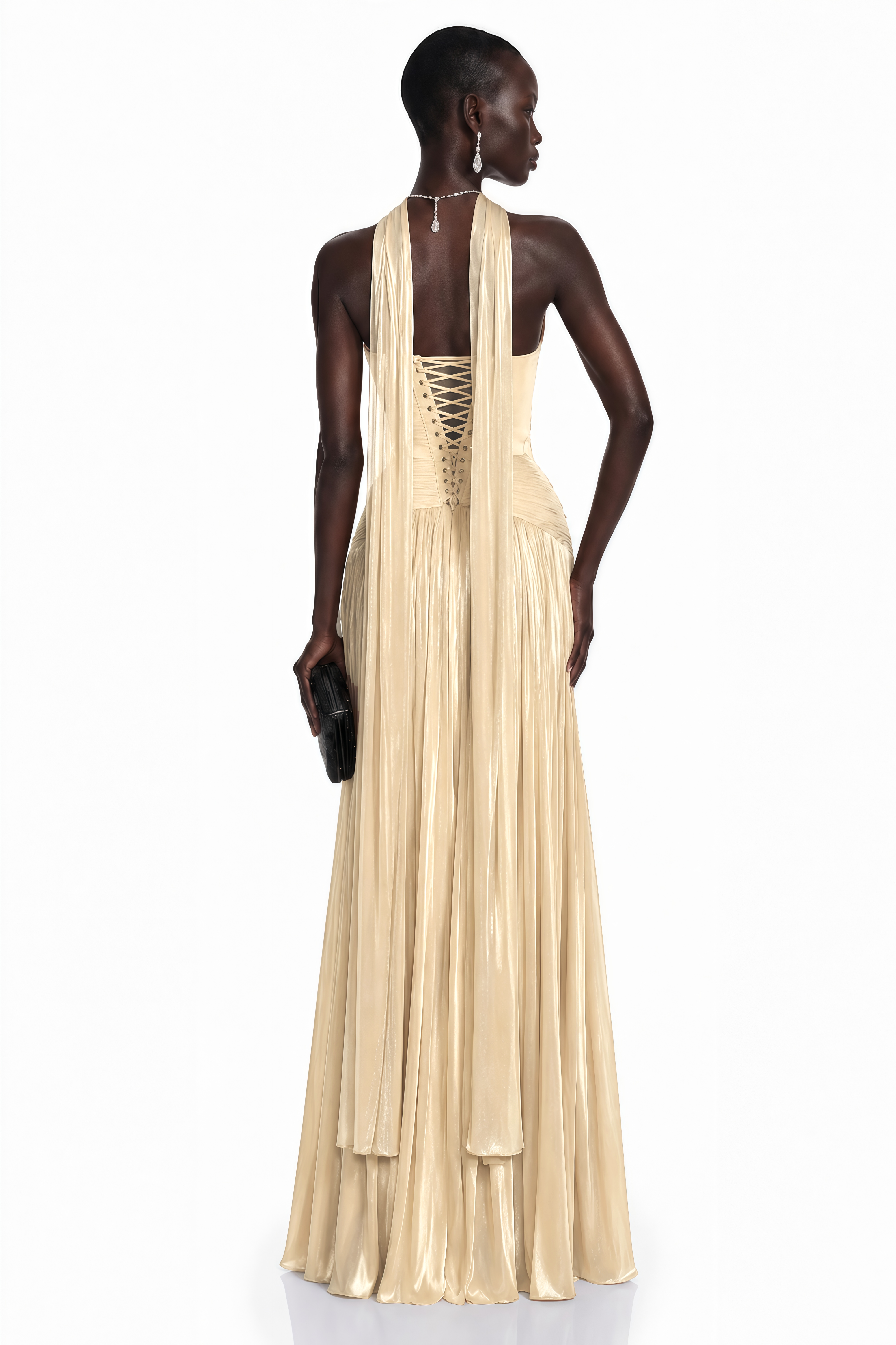 Champagne strapless pleated maxi dress with a high leg slit