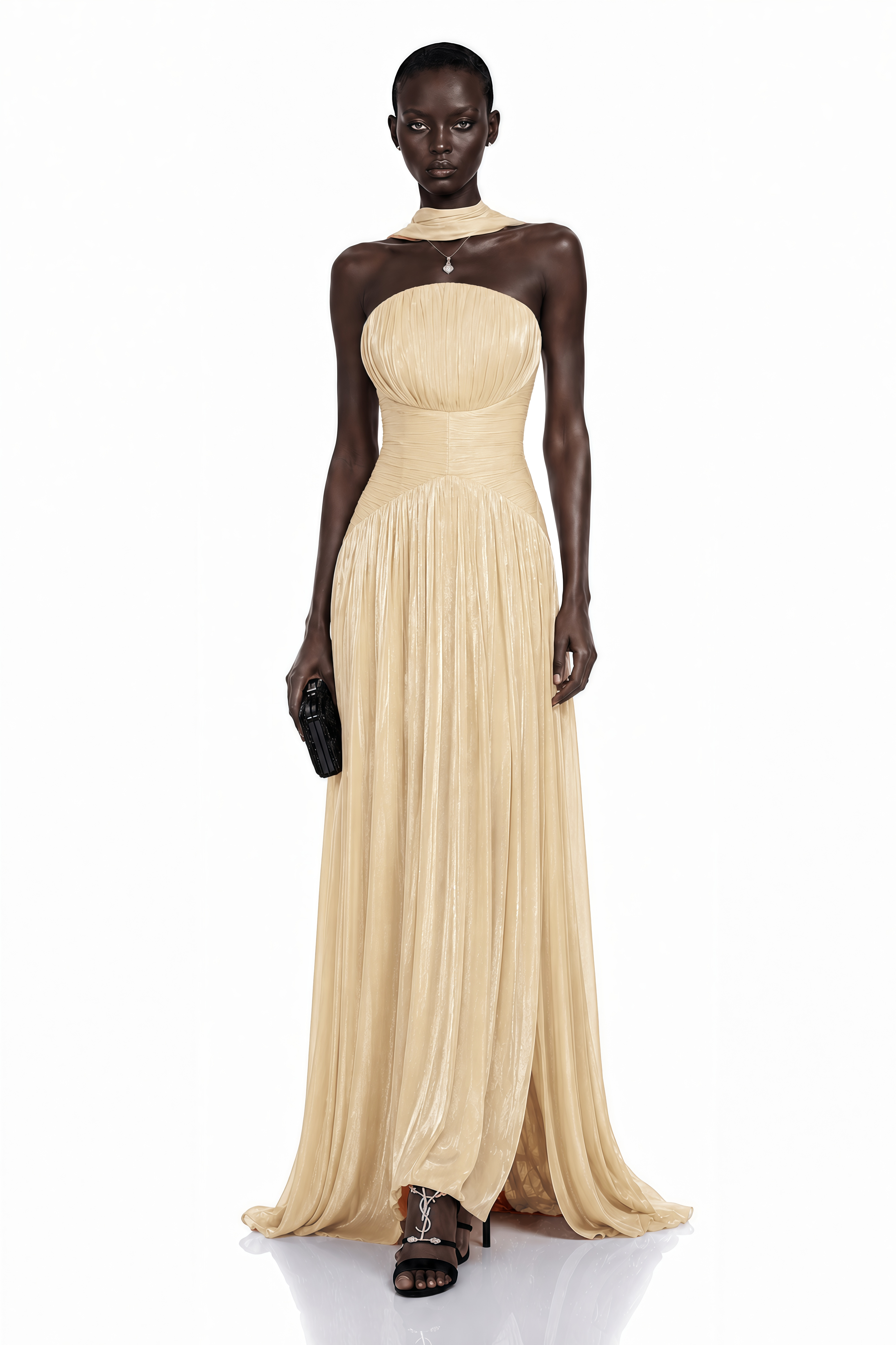 Champagne strapless pleated maxi dress with a high leg slit