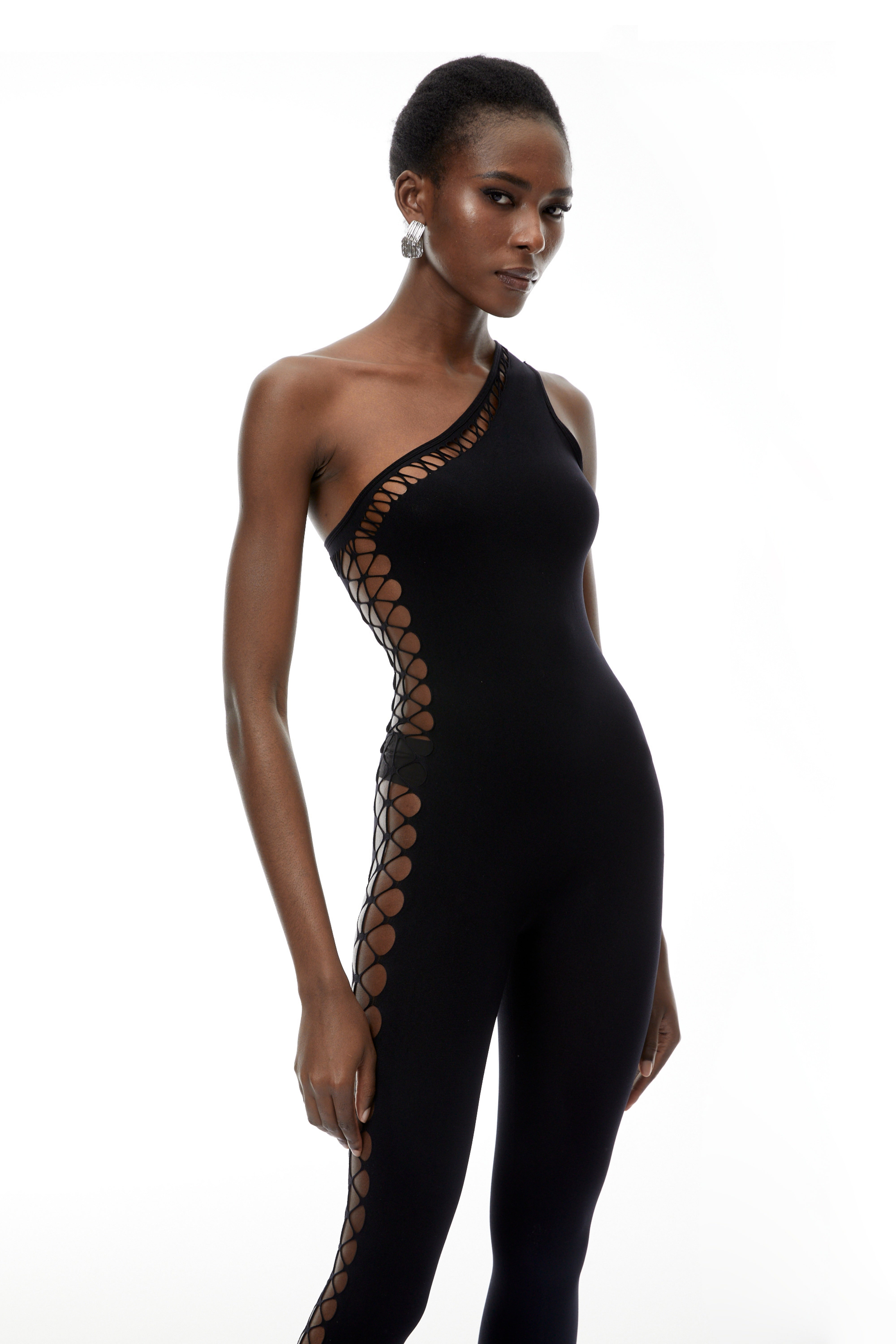 Faustina – Schwarzer Ein-Schulter-Jumpsuit mit Cut-outs