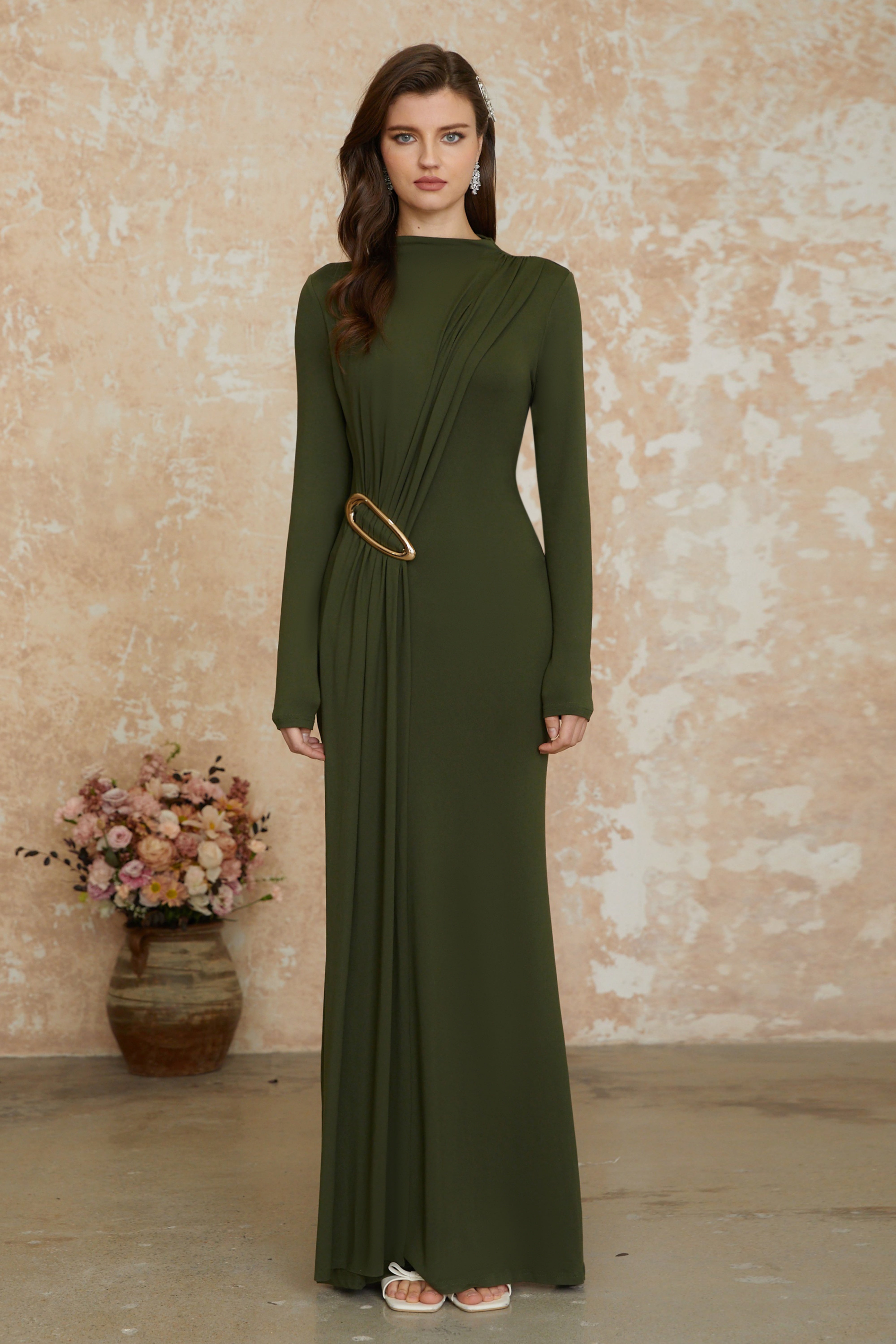 Fawn Green Ruched Maxi Dress with Ribbon Detail
