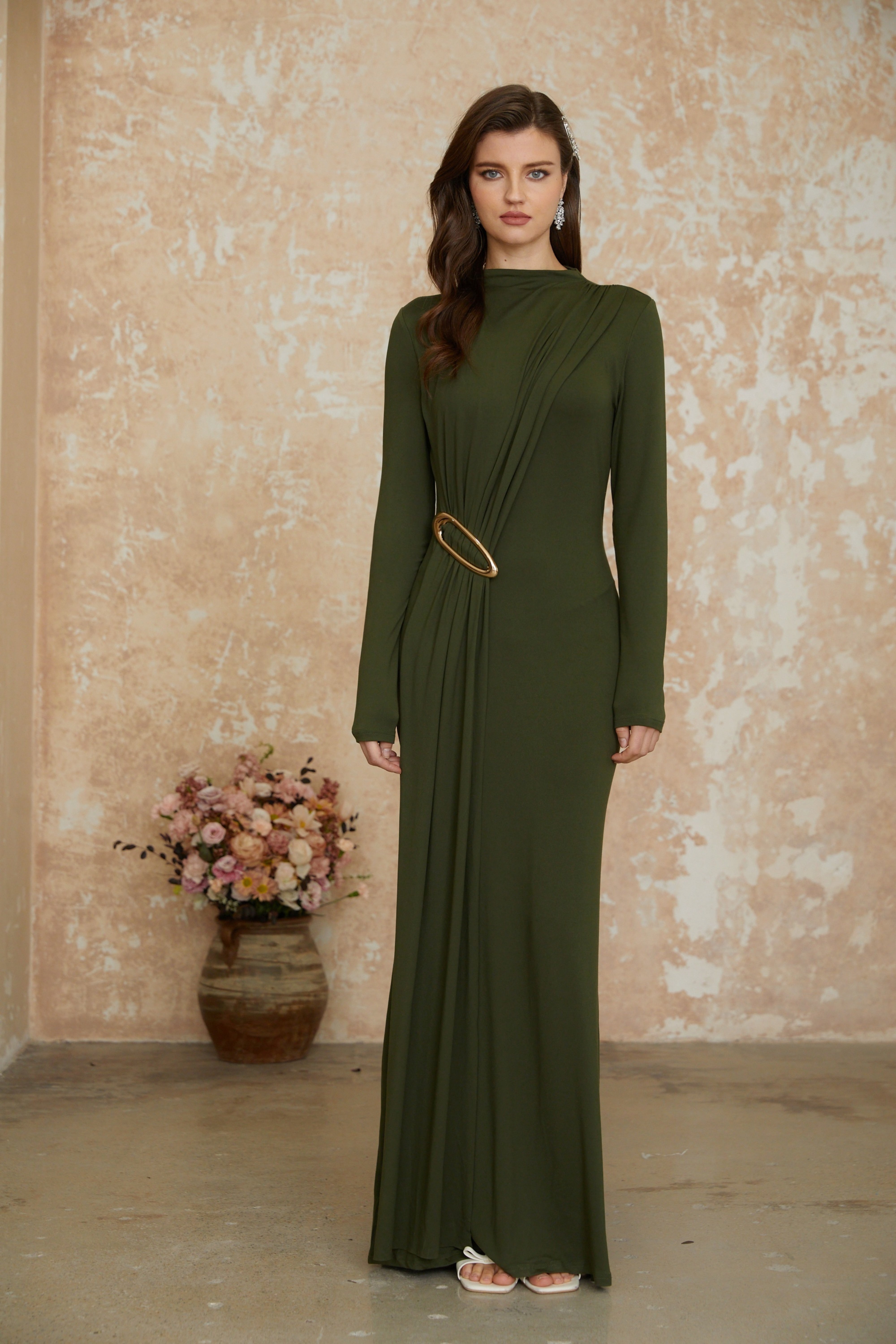 Fawn Green Ruched Maxi Dress with Ribbon Detail