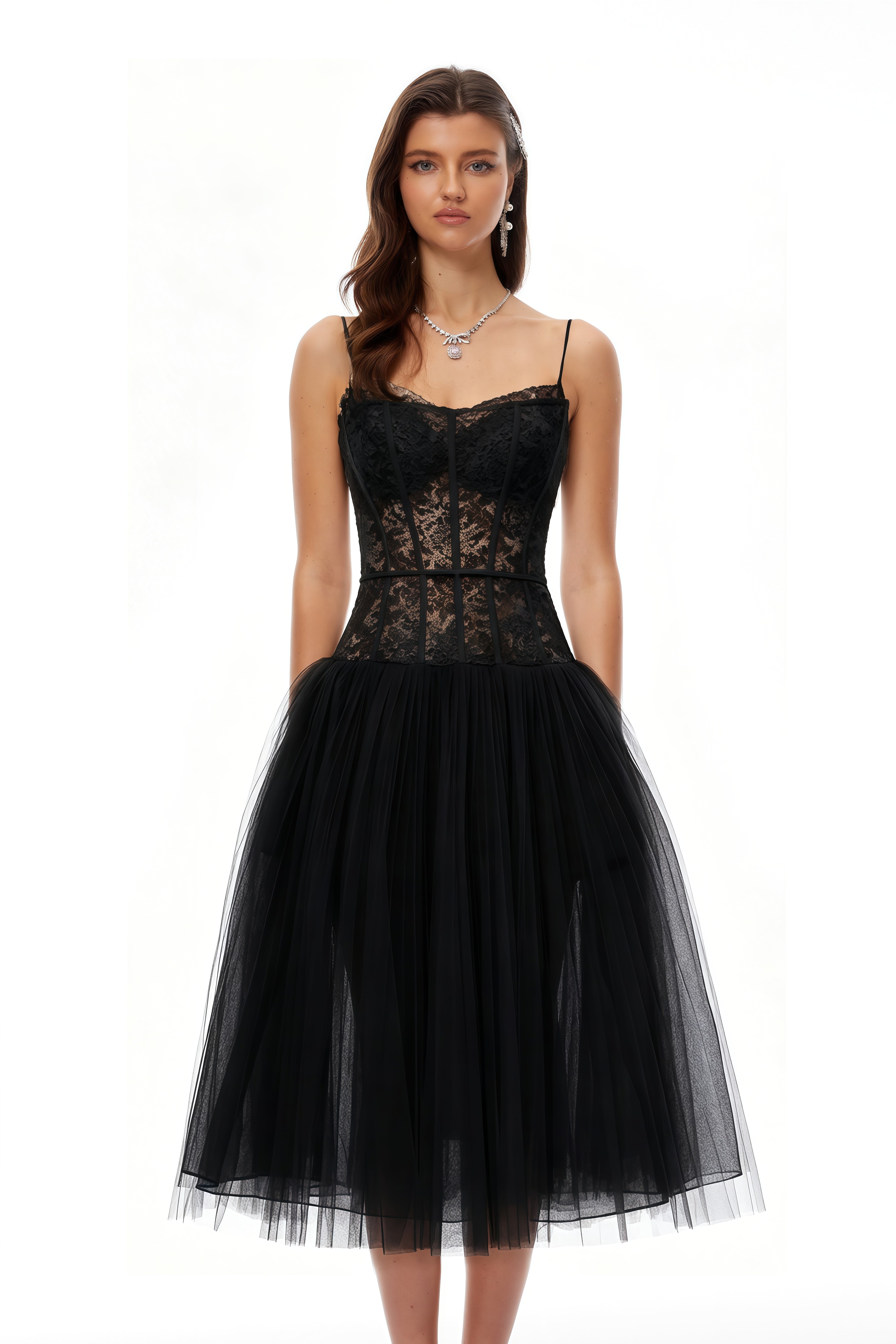 Feriha Black Lace Corset Pleated Midi Dress