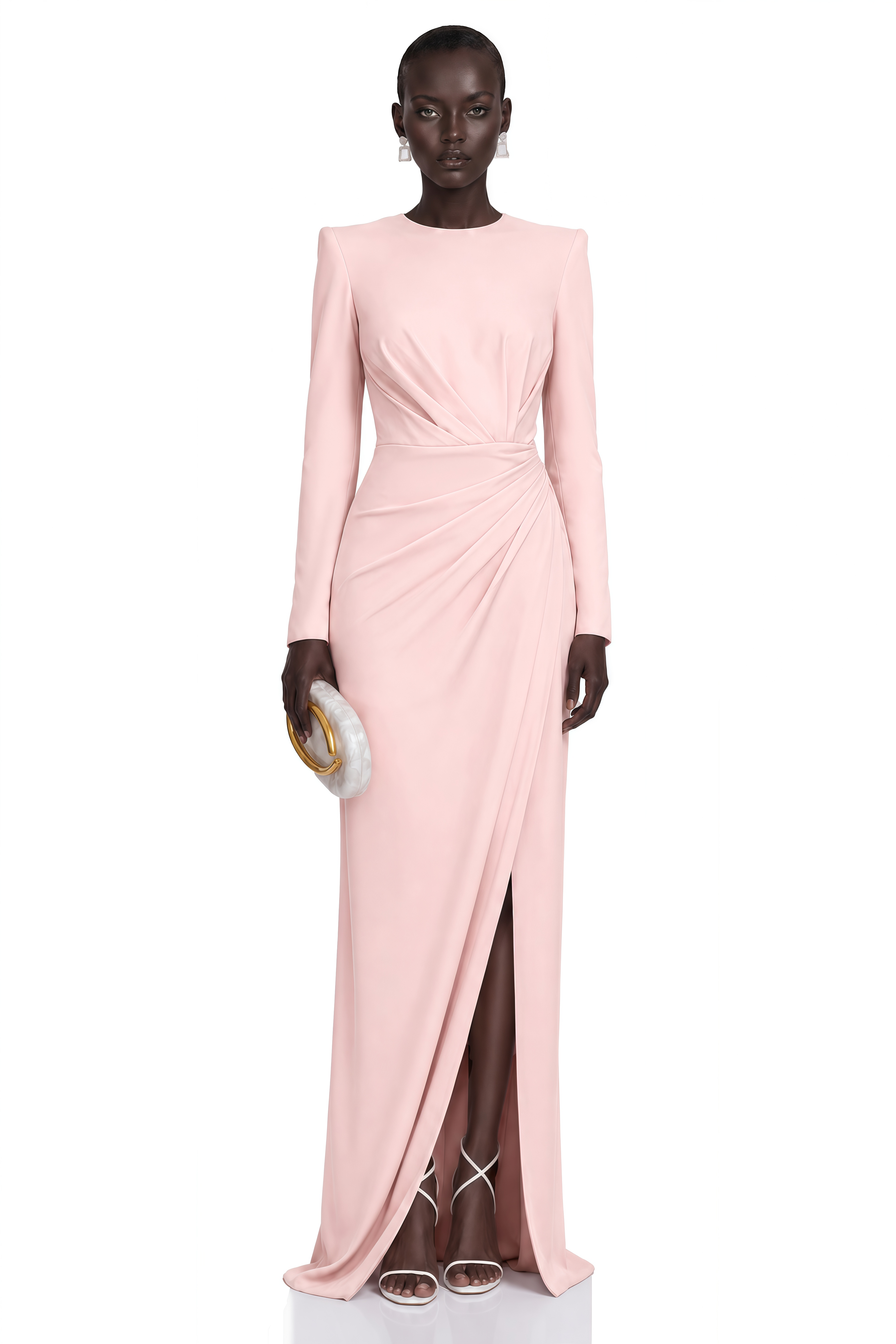 Feriha Pink Ruched Maxi Dress with High Slit