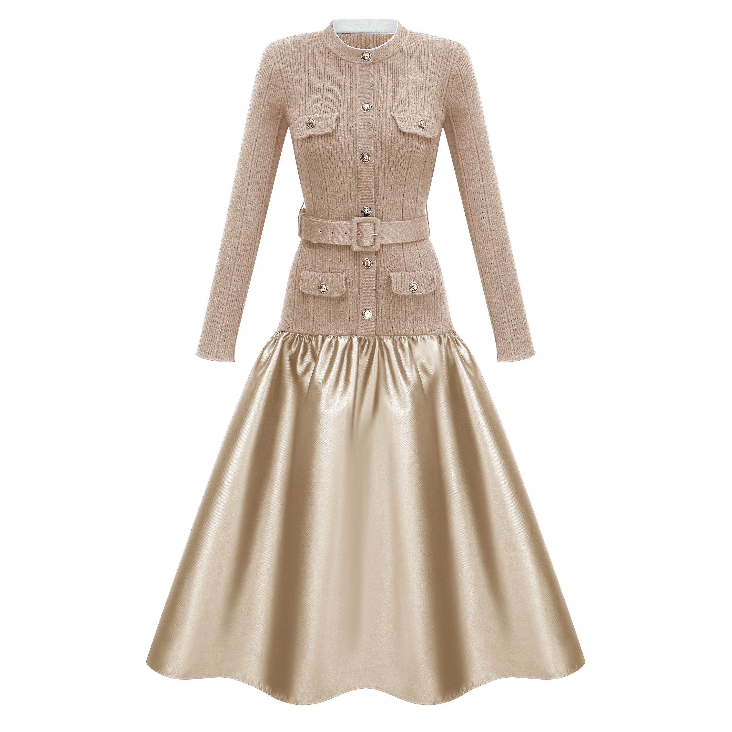 Fern Gold Satin Panel Knit Midi-Kleid