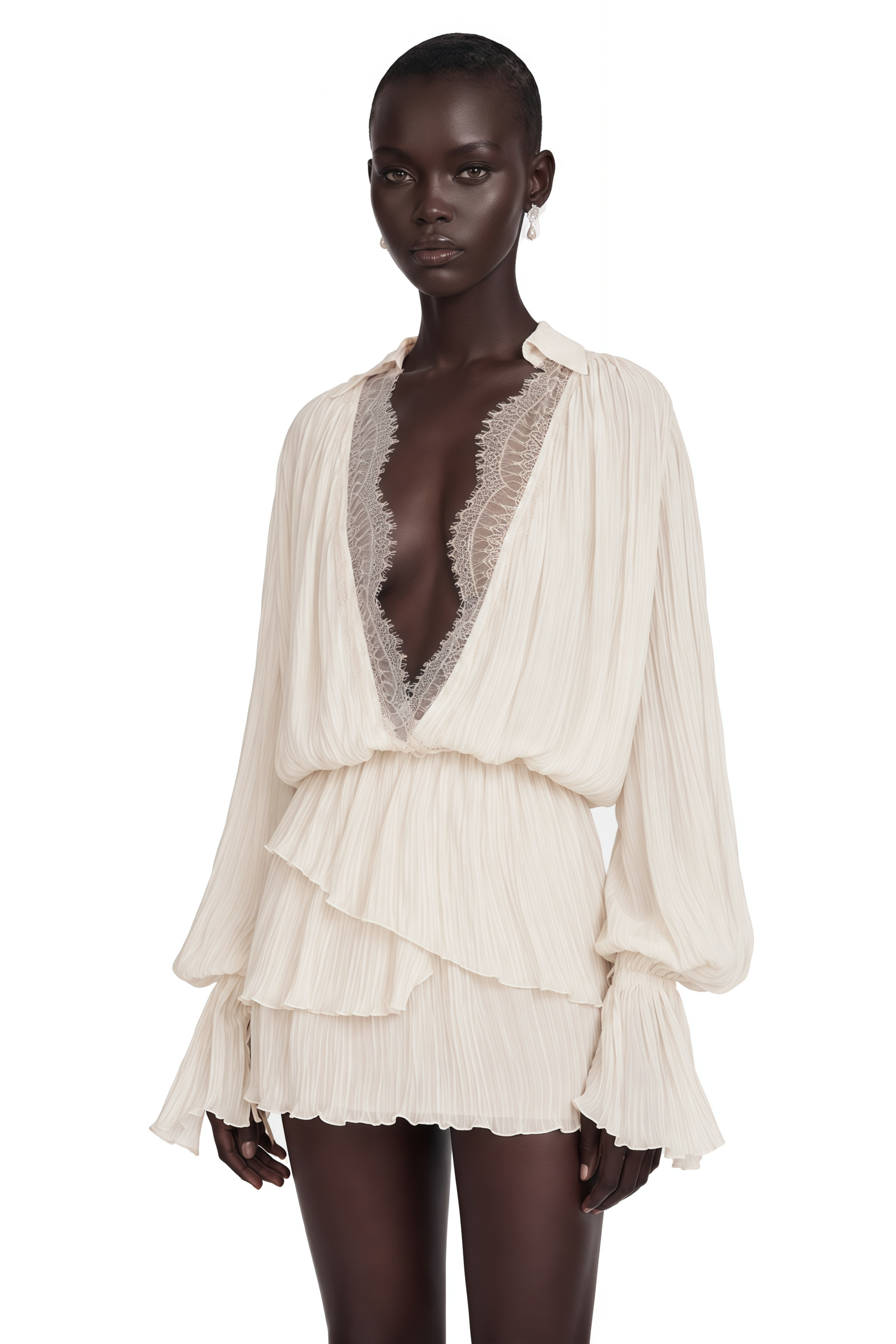 Fernanda Cream Ruched Mini Dress with Lace Trim