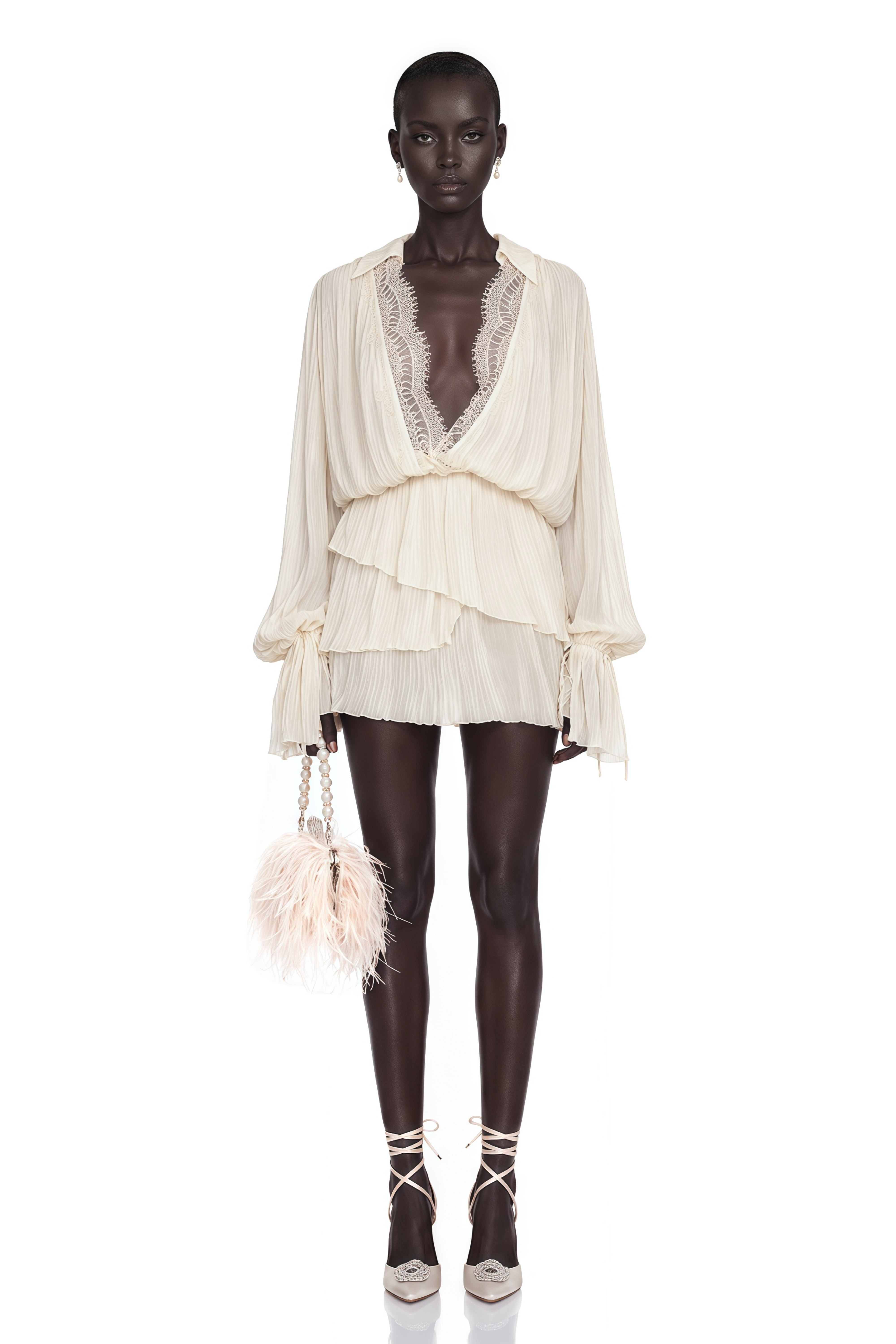 Fernanda Cream Ruched Mini Dress with Lace Trim