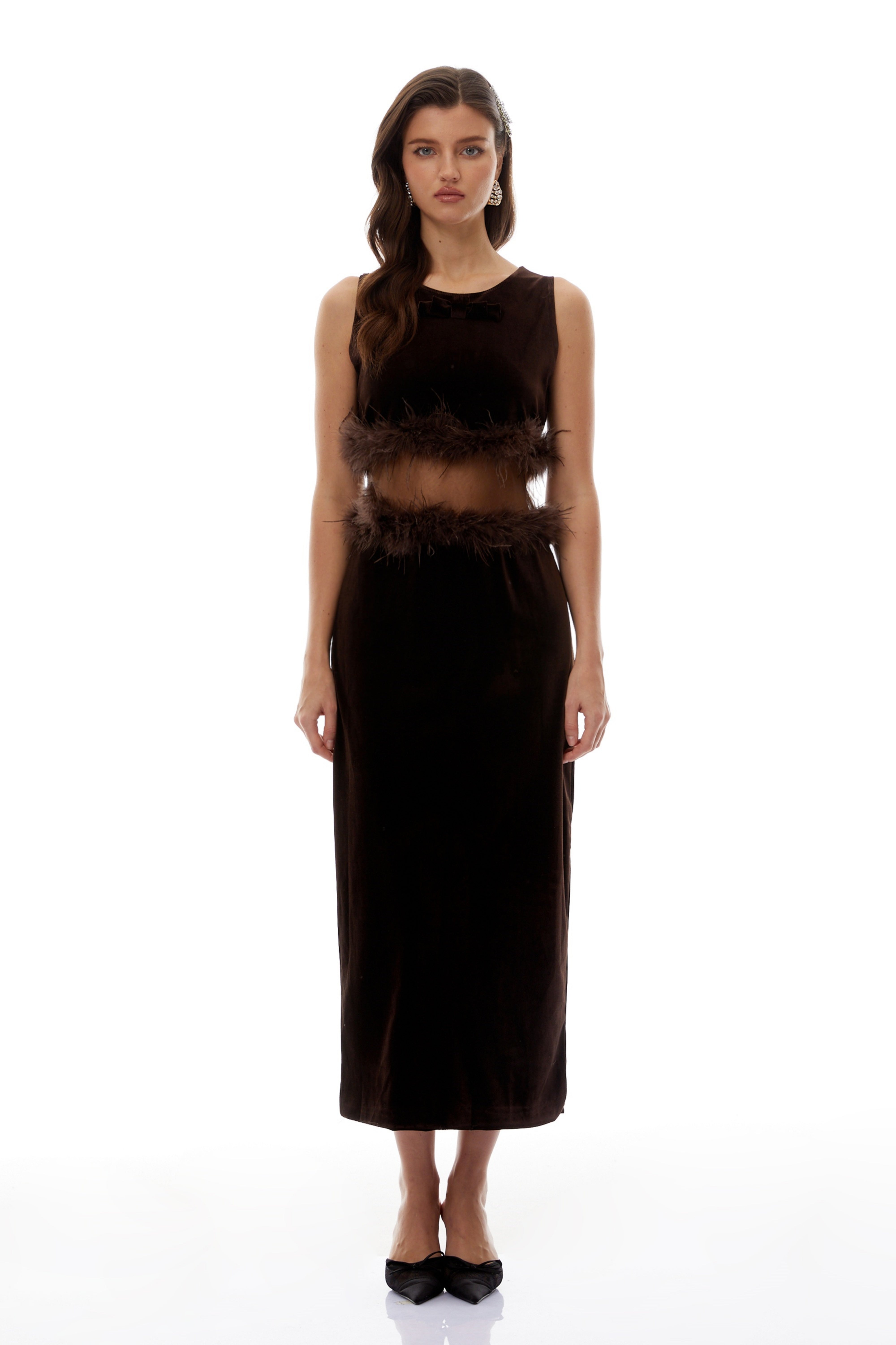 Fernande Brown Sleeveless Midi Dress