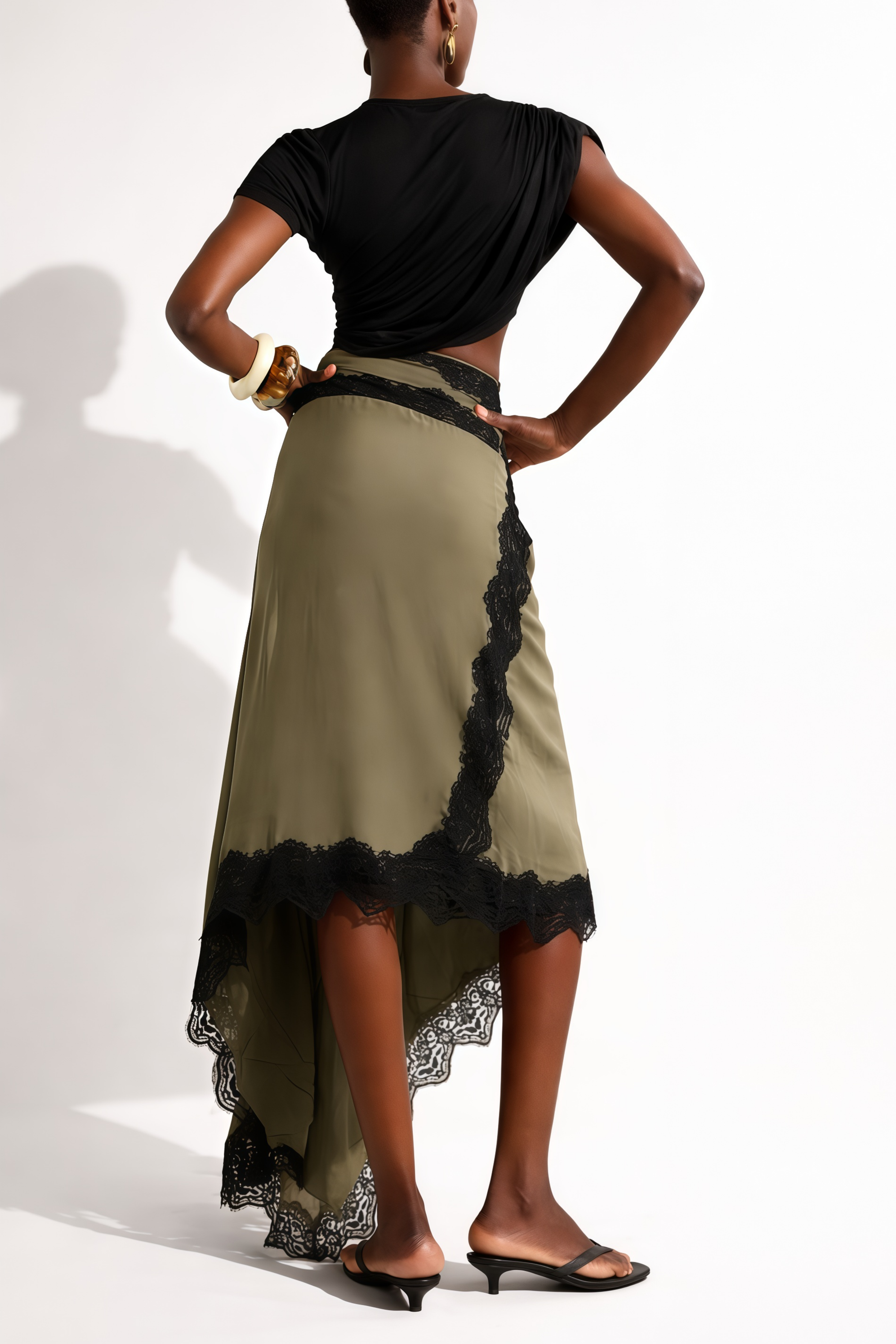 Asymmetric Lace-trimmed Woven Maxi Skirt in green