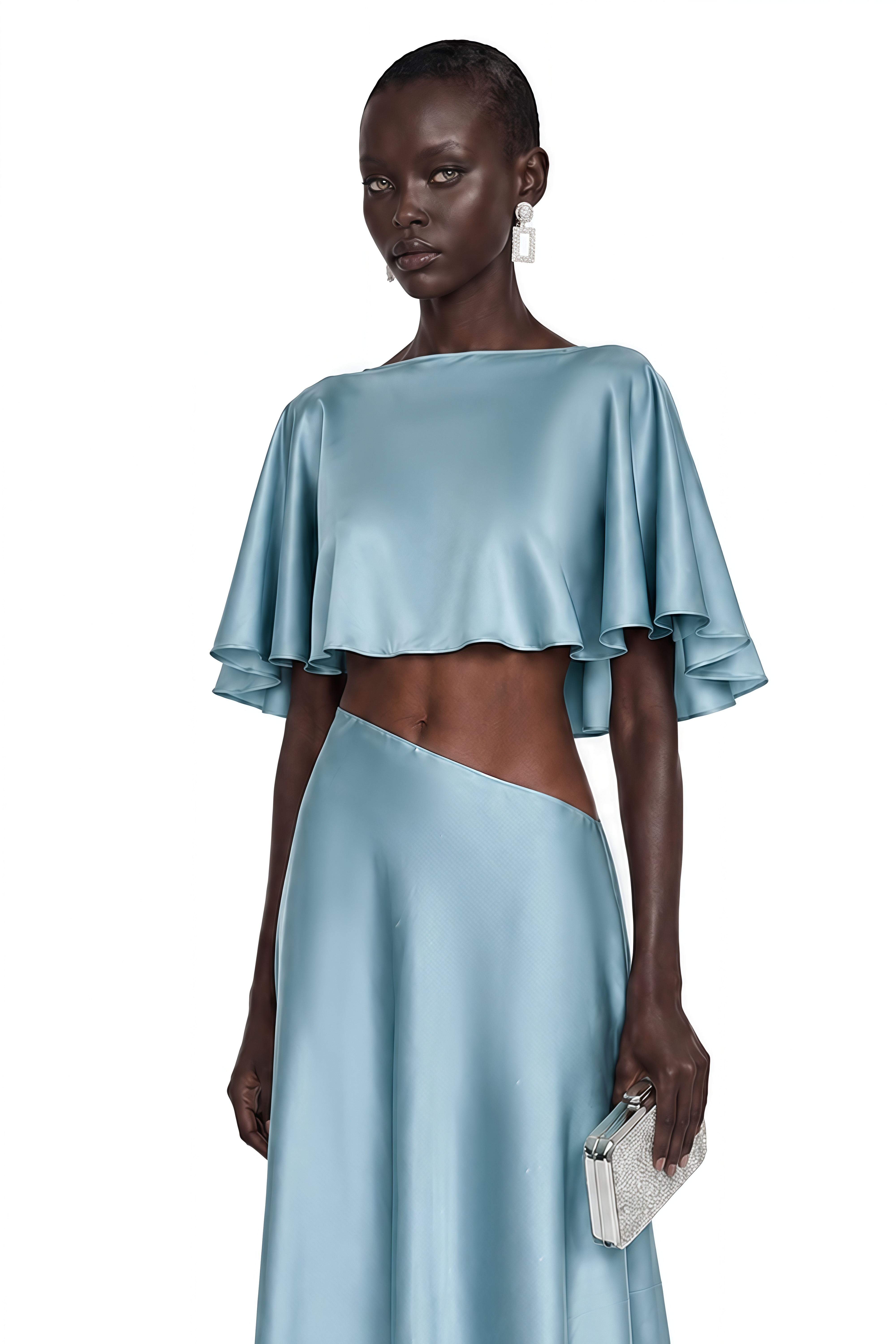 Fiona Steel Blue Satin Cape & Asymmetrical Skirt Set