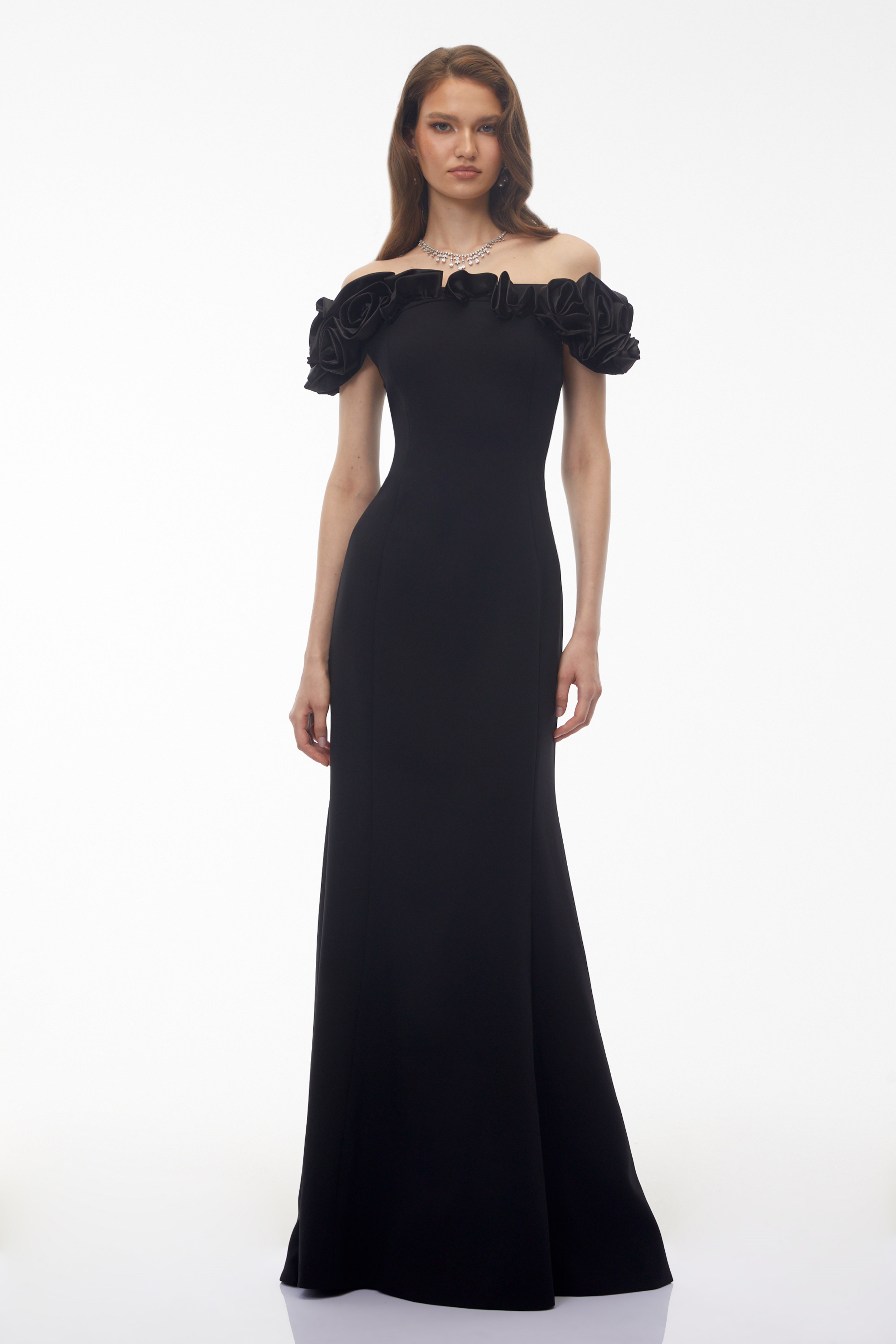 Fiorella Black Off Shoulder Maxi Dress with 3D Florals