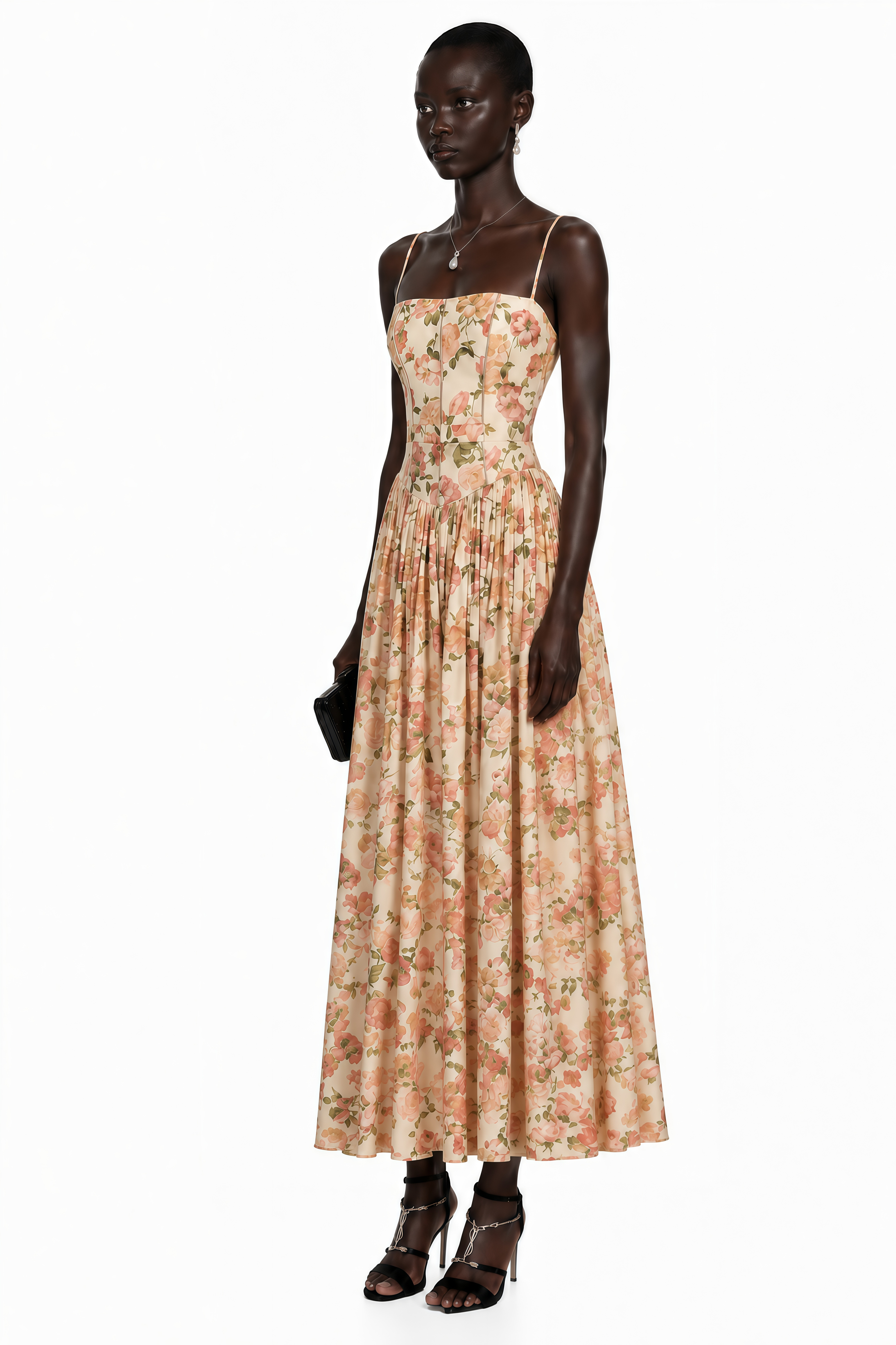 Floral midi dress with spaghetti straps, a structured corset bodice, and a gathered A-line skirt