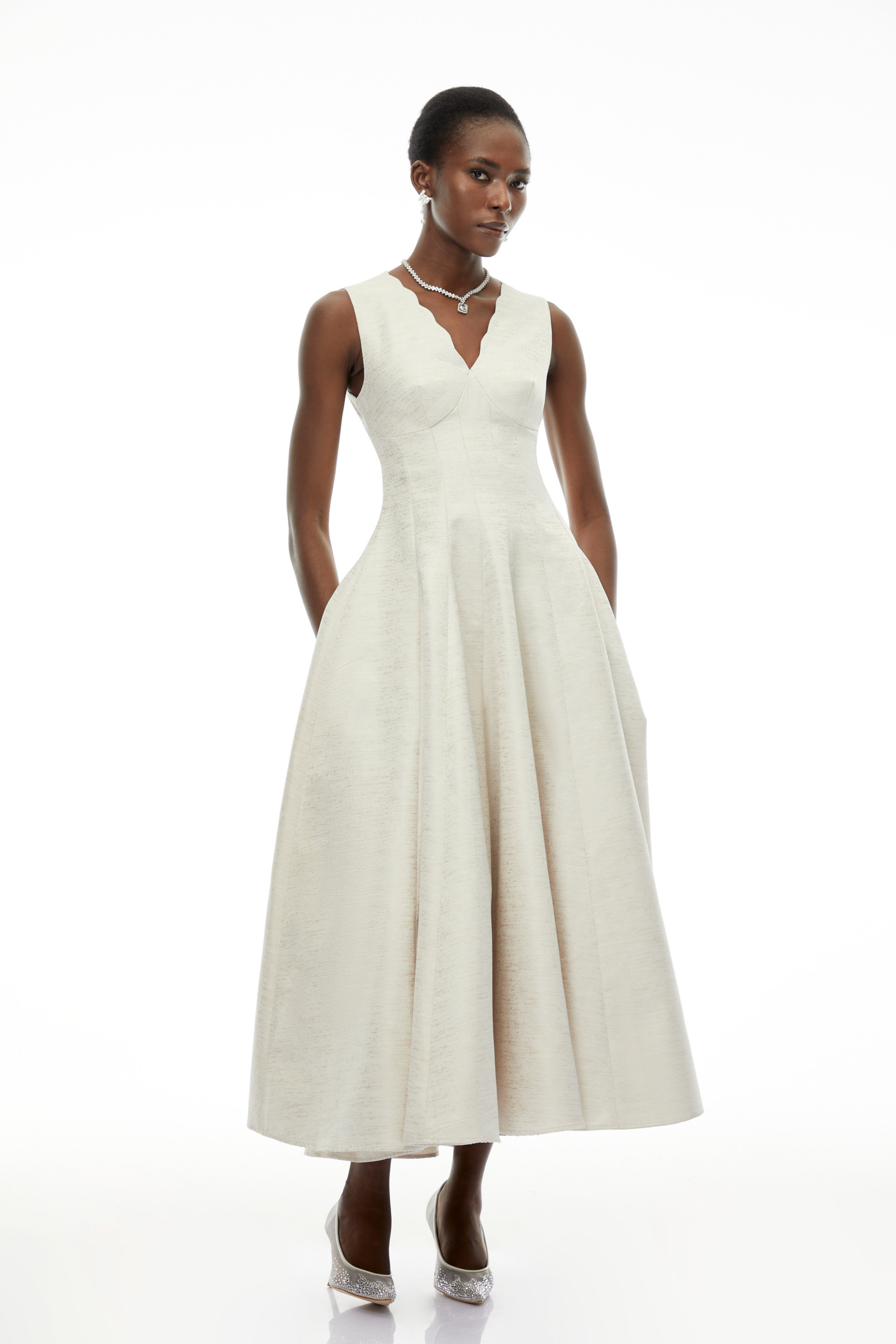 Florence Cream V-Neck Flared Satin Maxi Dress