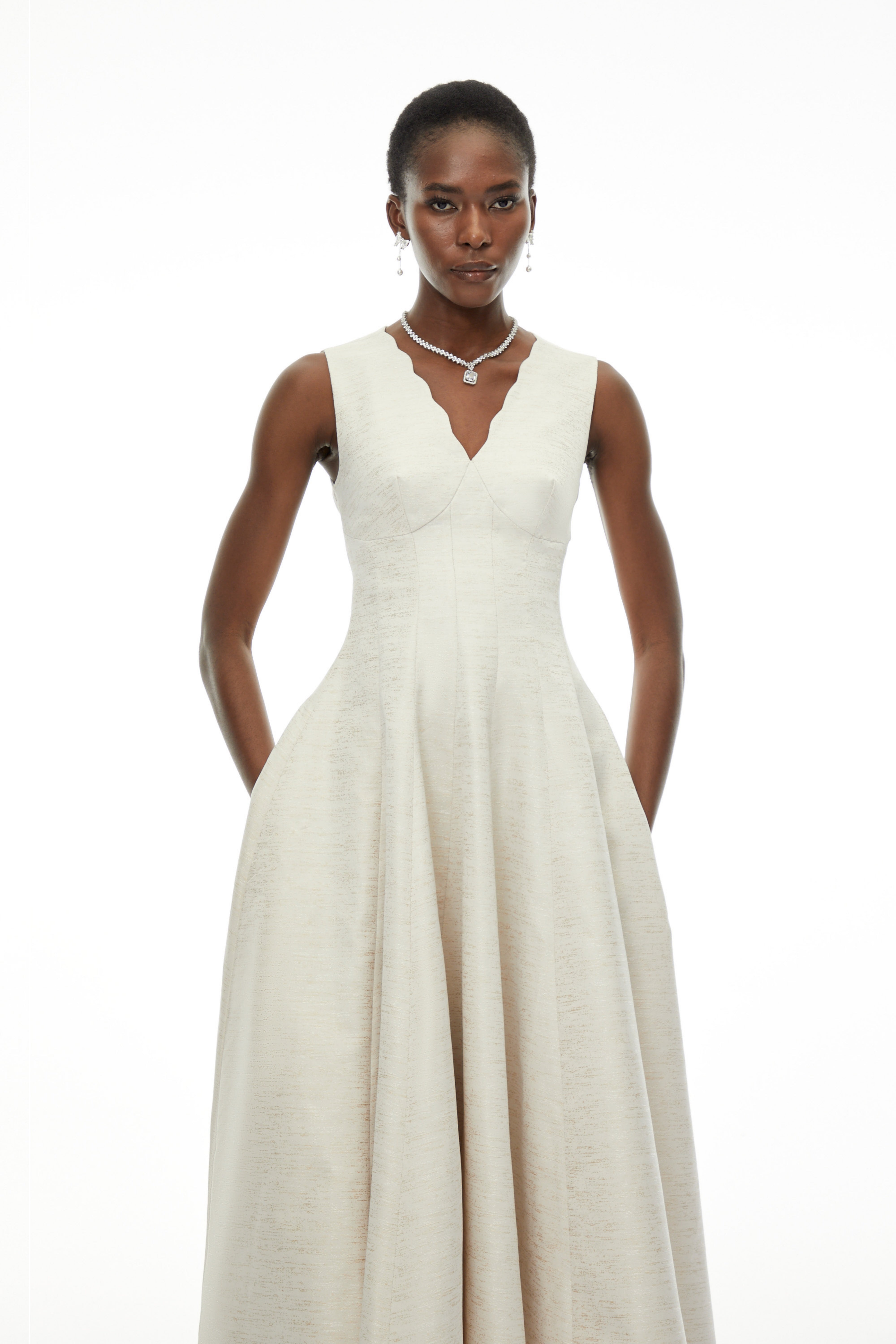 Florence Cream V-Neck Flared Satin Maxi Dress