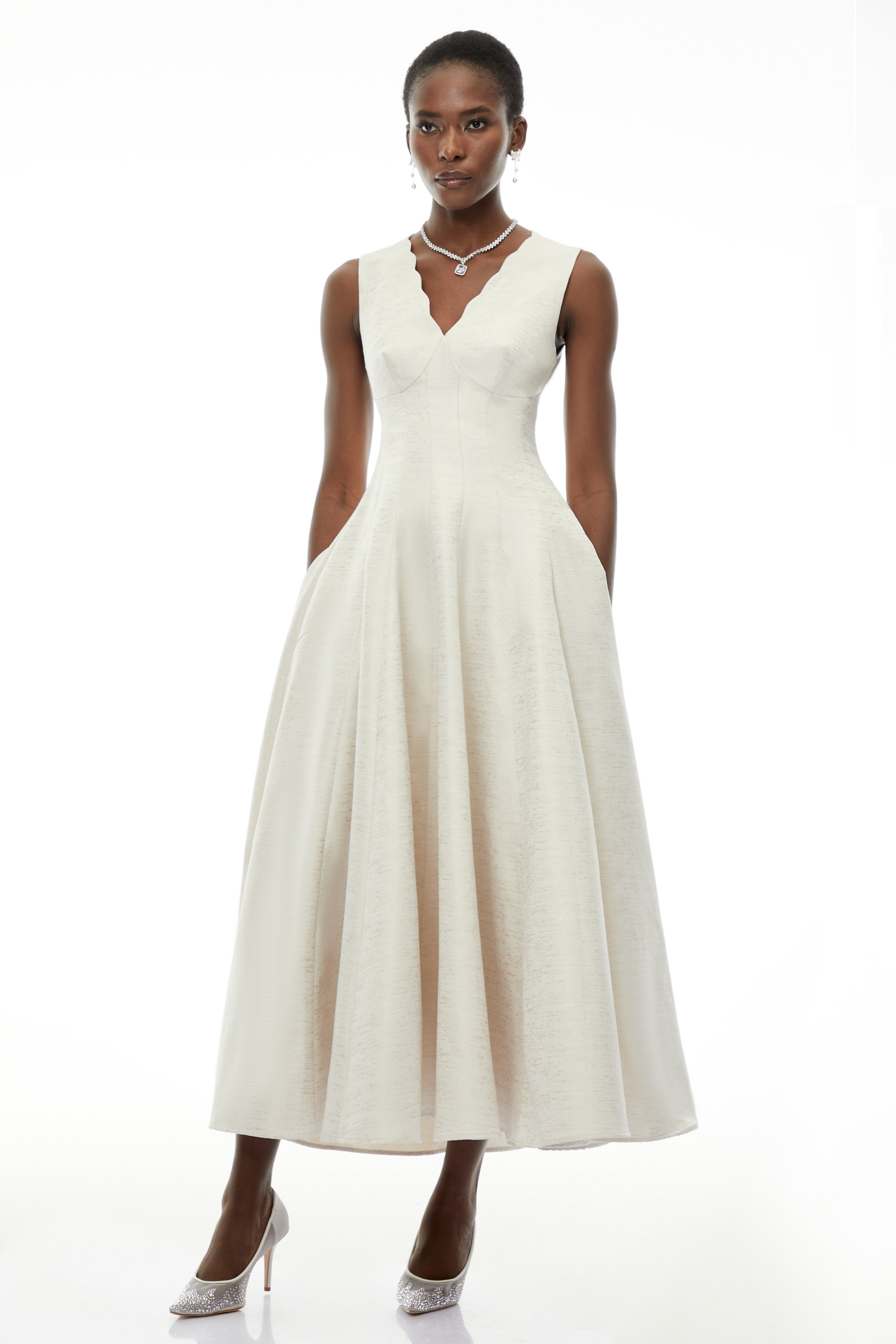 Florence Cream V-Neck Flared Satin Maxi Dress