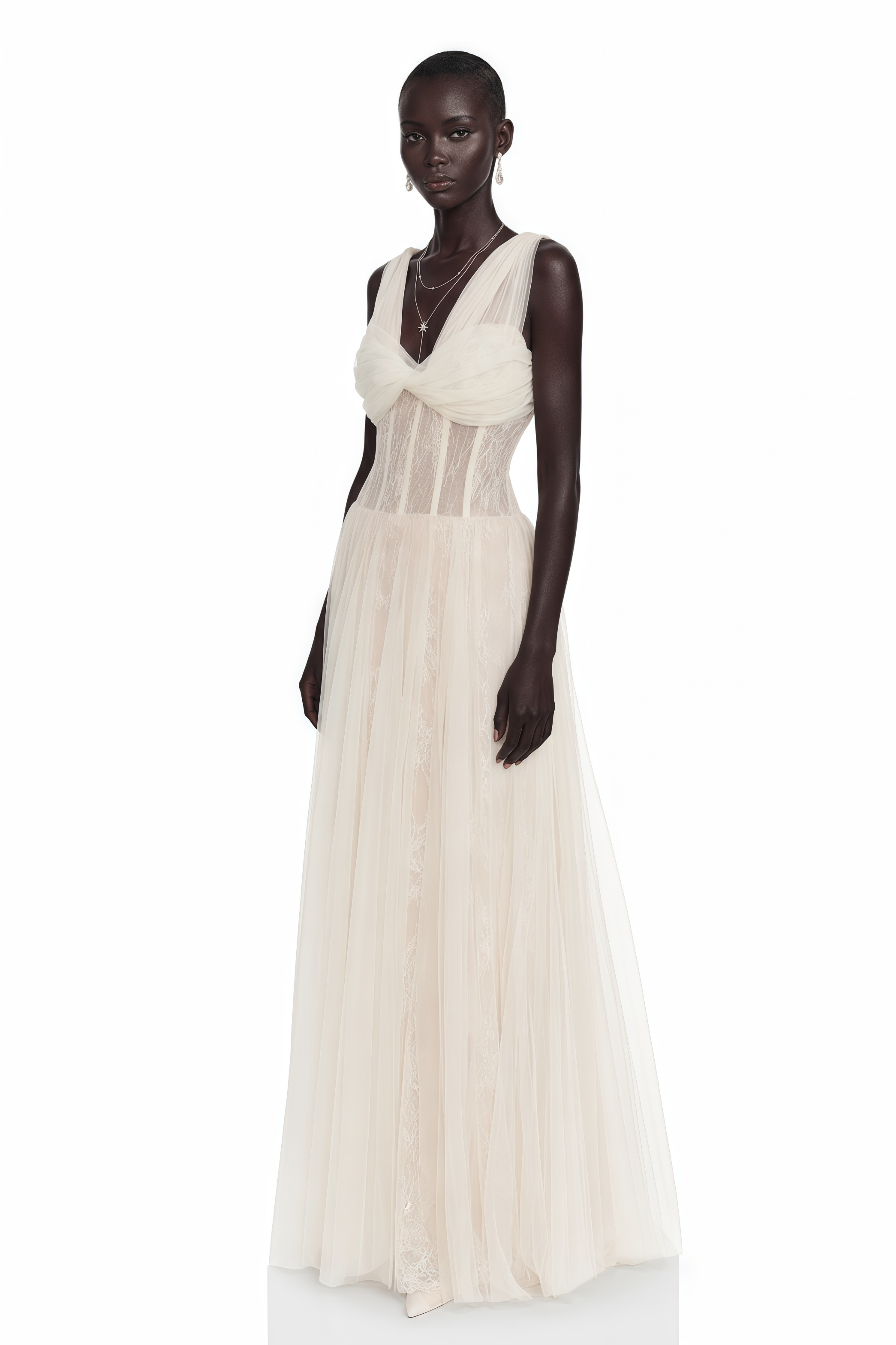 Florence White Corset Lace Maxi Dress with Ruffled Straps