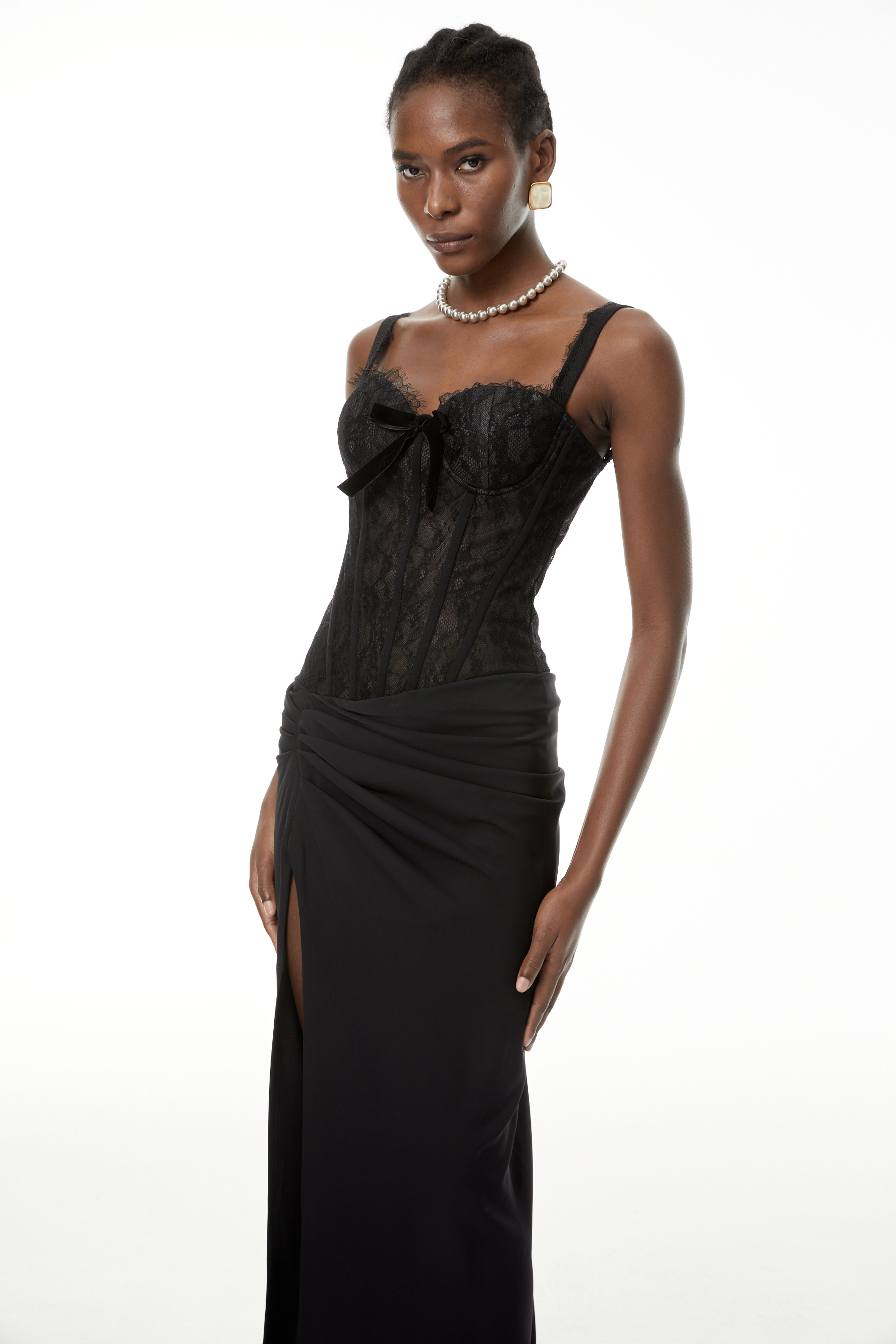 Francesca Black High Slit Floral Lace Maxi Dress