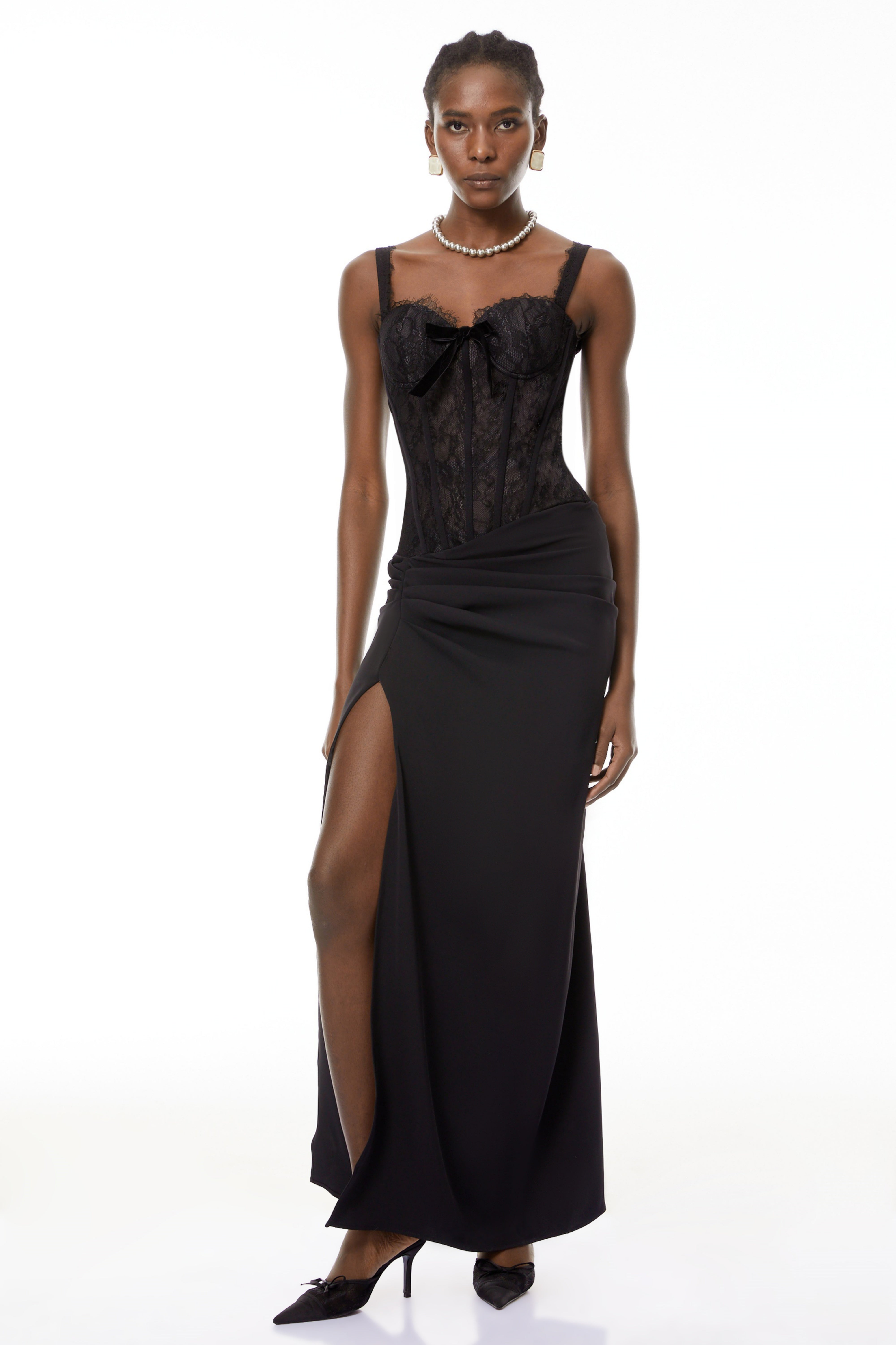 Francesca Black High Slit Floral Lace Maxi Dress