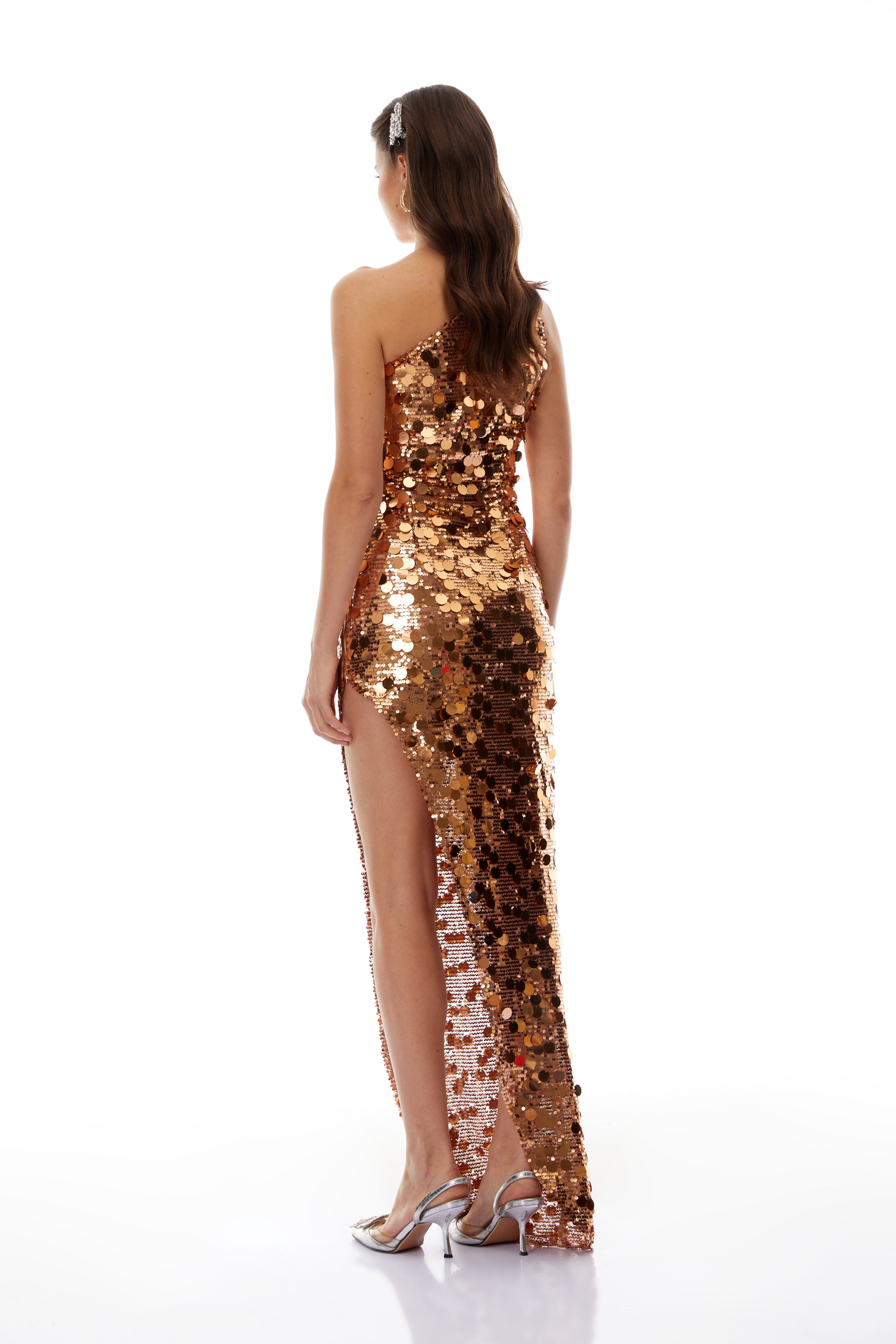 Francesca Gold One Shoulder Sequined Maxi Dress