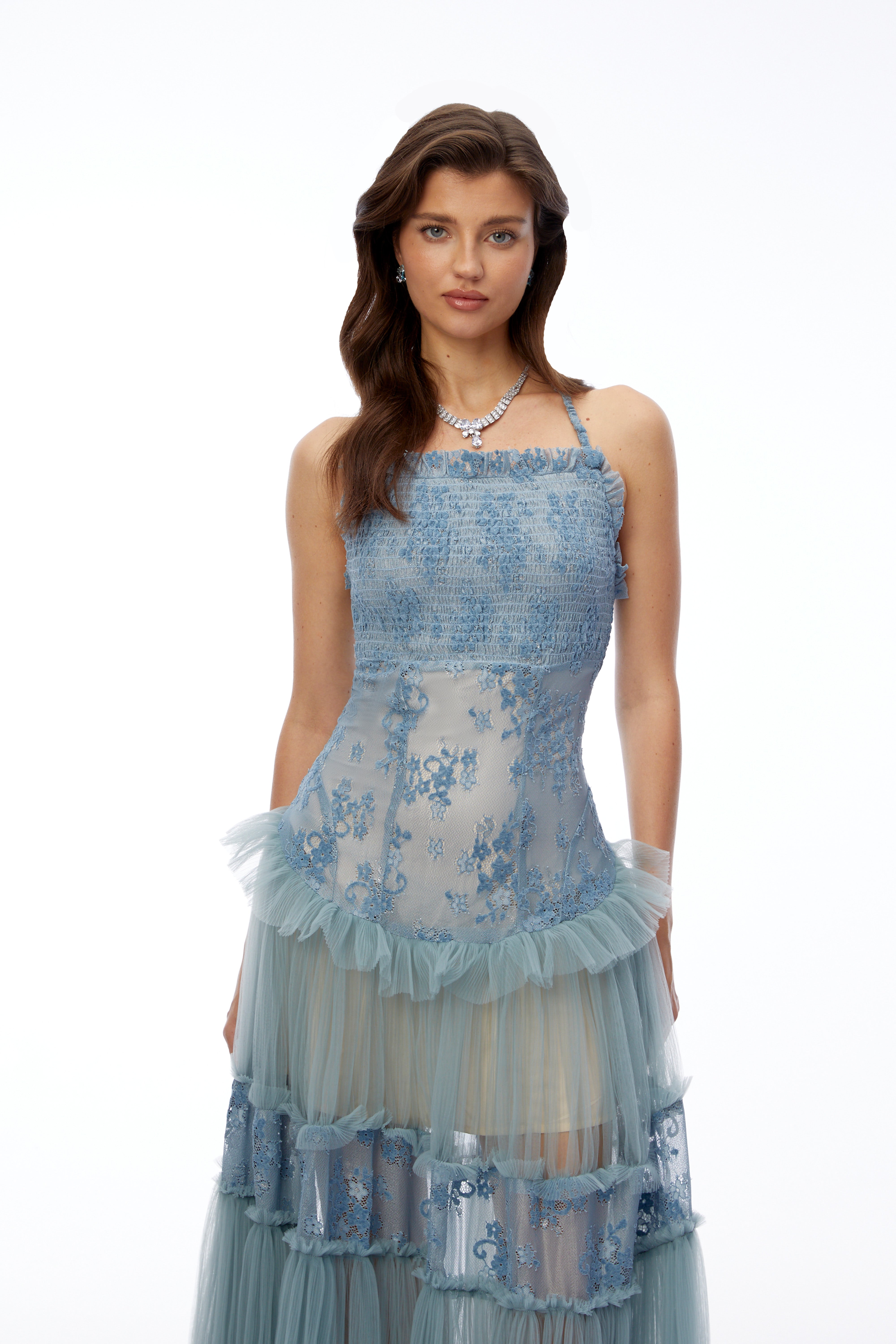 Francine Dusty Blue Floral Lace Tiered Maxi Dress