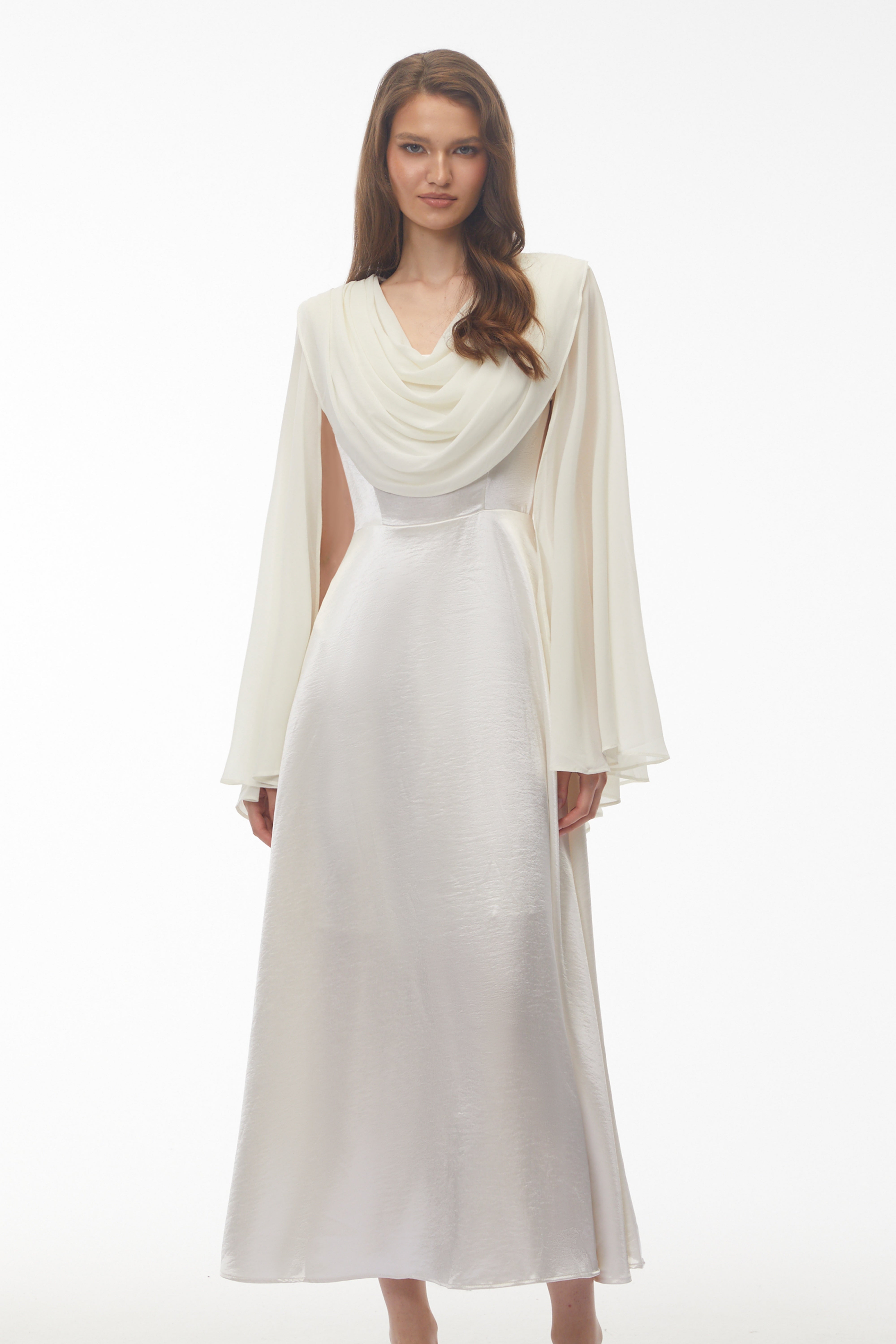 Francine Ivory Draped Neck Maxi Dress with Cape Sleeves