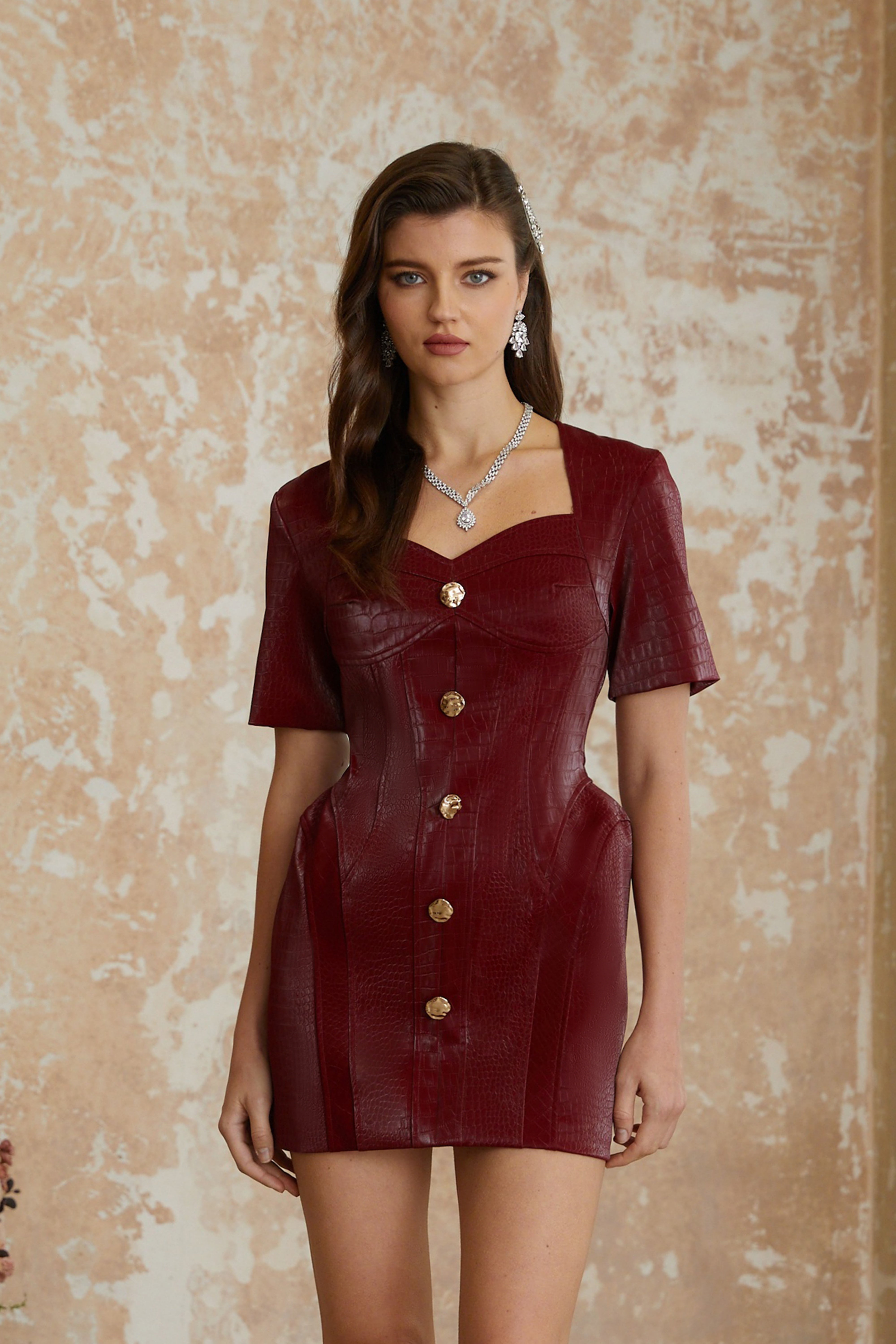 Frankie Red Leather Mini Dress with Decorative Buttons
