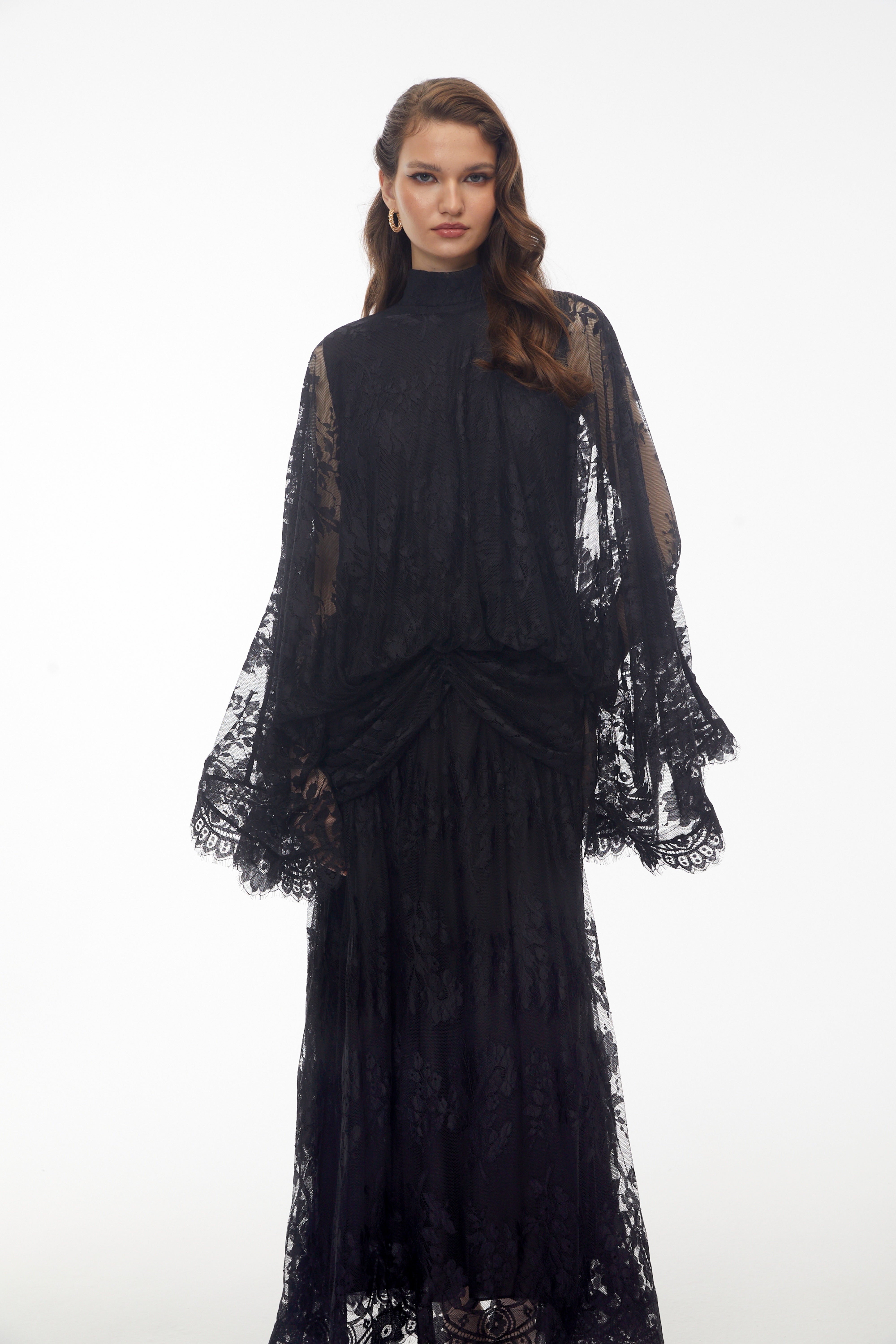 Robe longue drapée en dentelle Franziska Black