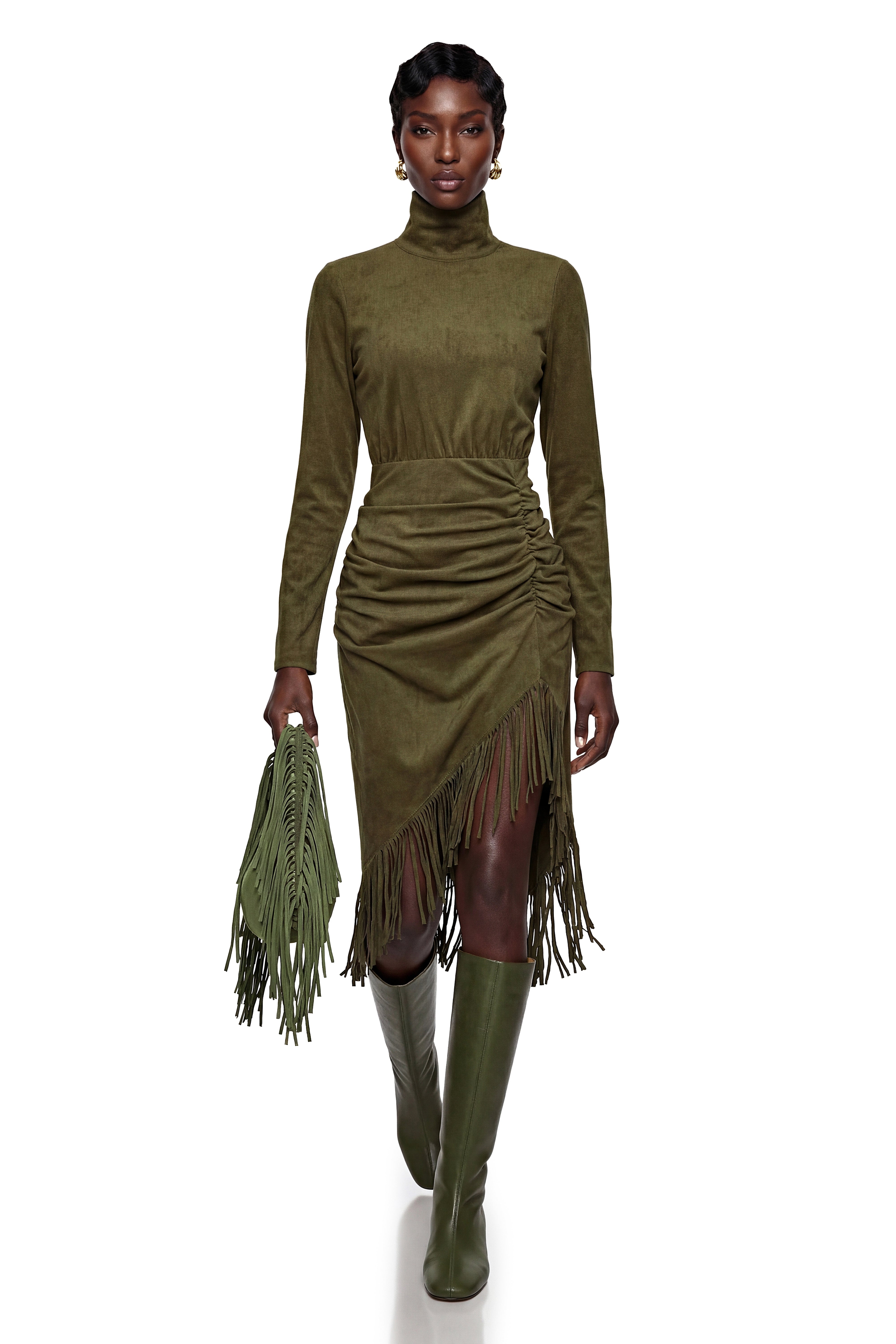 Freya Green Midi-Kleid mit hohem Kragen und Fransen