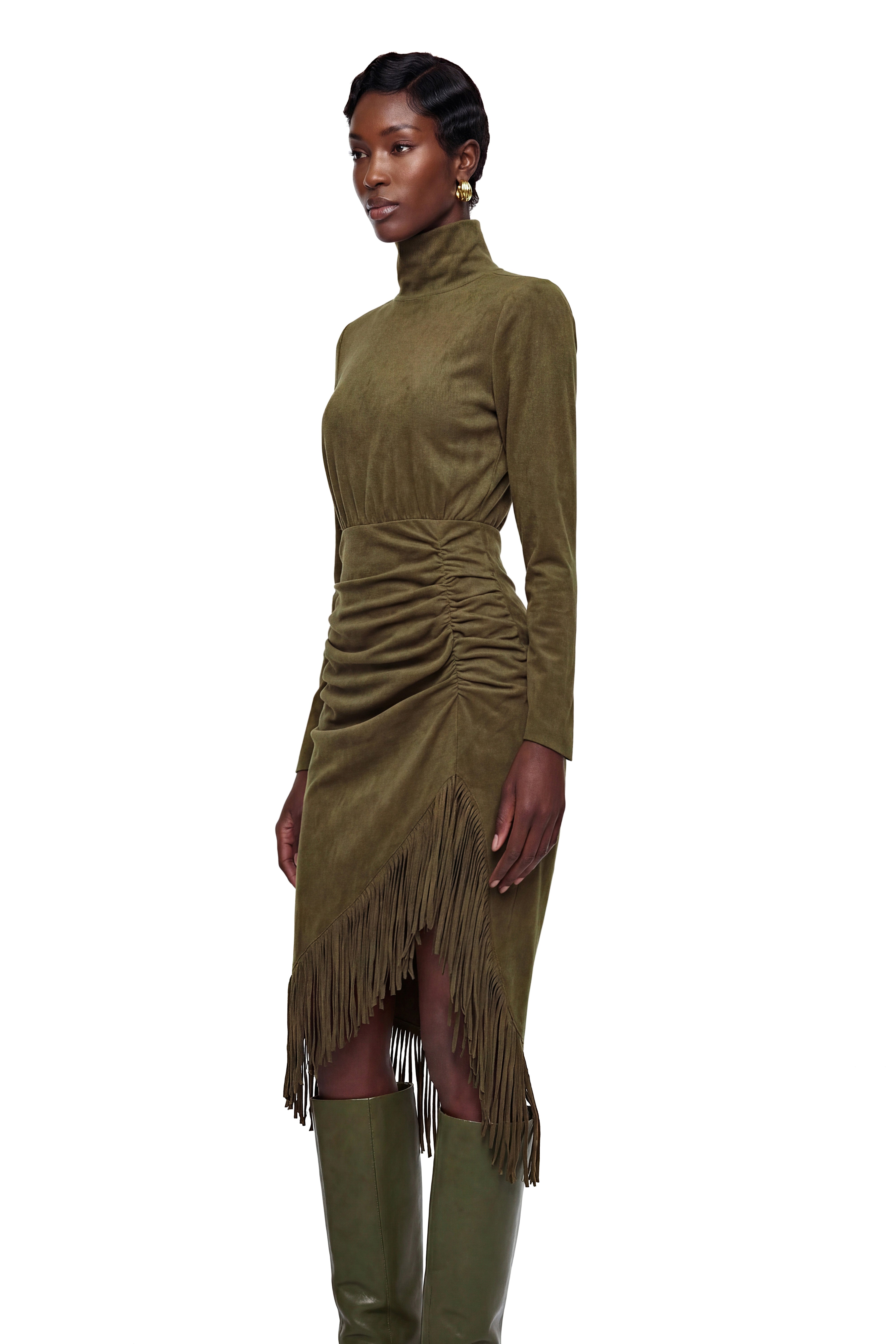 Freya Green Midi-Kleid mit hohem Kragen und Fransen